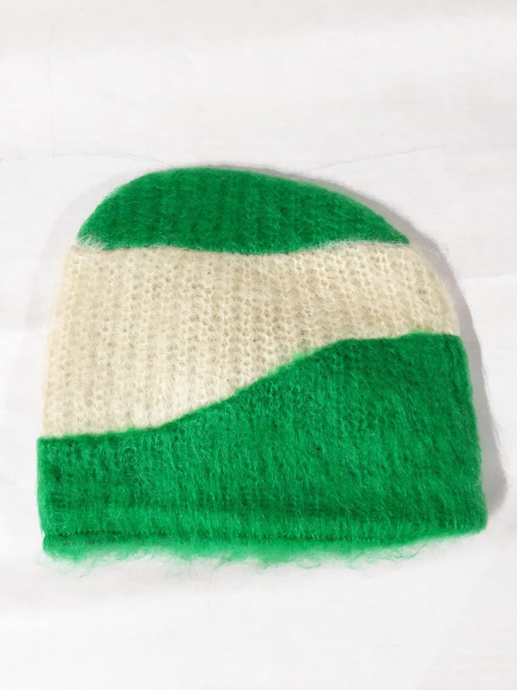 image of Prada Fw 2007 Green Mohair Wave Knit Beanie Hat in Vanilla/Green, Men's