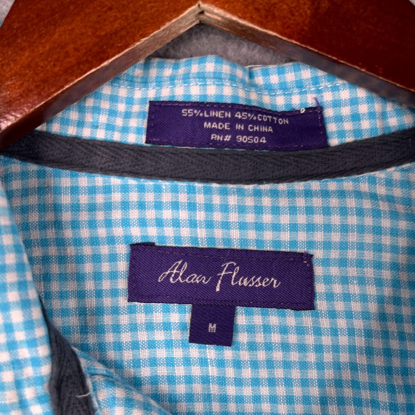 Vintage Alan Flusser Shirt Mens Button-Up Long Sleeve Linen Blend Gingham Medium Light Blue Casual Dress/Party Shirt Size US M / EU 48-50 / 2 - 5 Thumbnail
