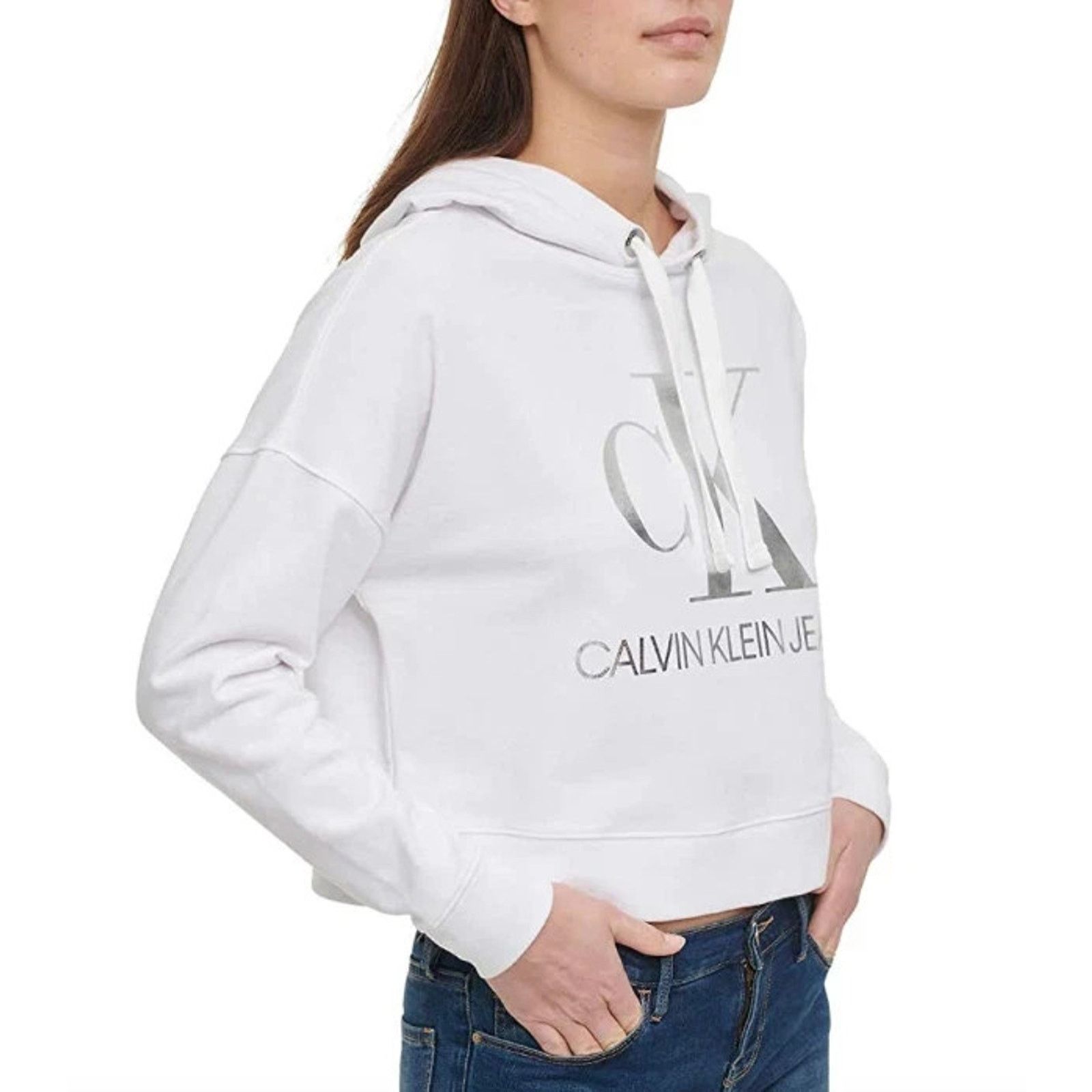 Calvin Klein Calvin Klein Crop Light-Weight Hoodie White Small A001182 Size S / US 4 / IT 40 - 1 Thumbnail