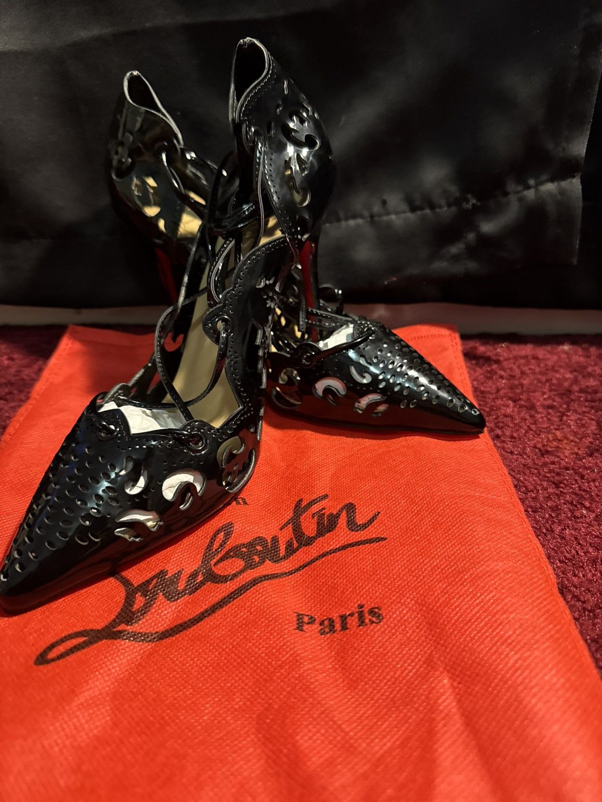 Christian Louboutin Christian Louboutin Black Patent Leather LaserCut Heels Mint Size US 7 / IT 37 - 2 Thumbnail