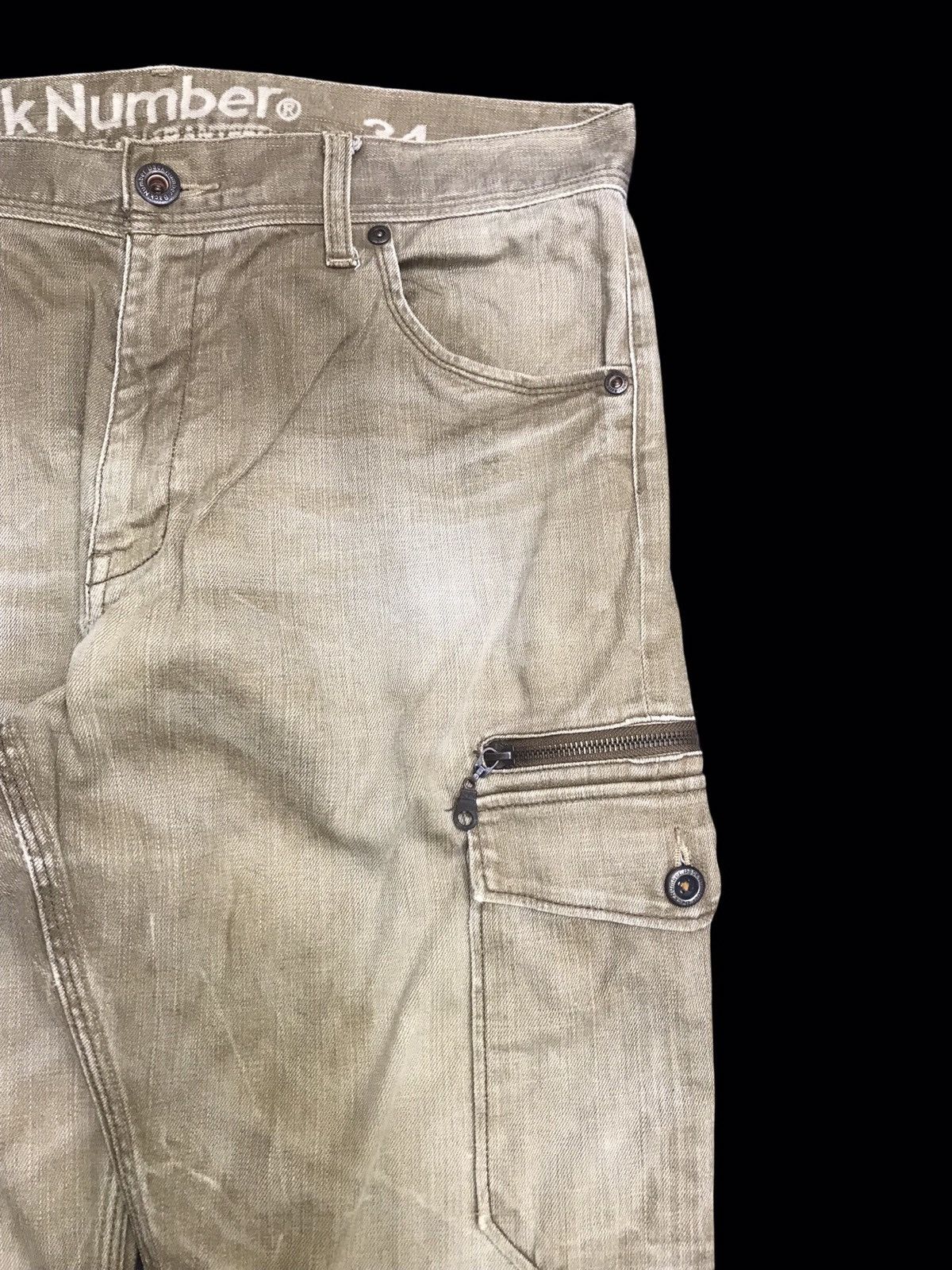 Japanese Brand 💥THRASHED💥BACK NUMBER TAN DISTRESSED CARGO DENIM F367 Size US 35 - 3 Thumbnail