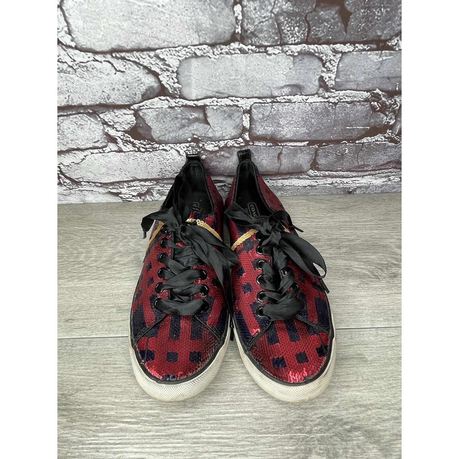 Coach Coach Willa Sequin Black Red Plaid Casual Ribbon Lace Sneake Size US 7.5 / IT 37.5 - 5 Thumbnail