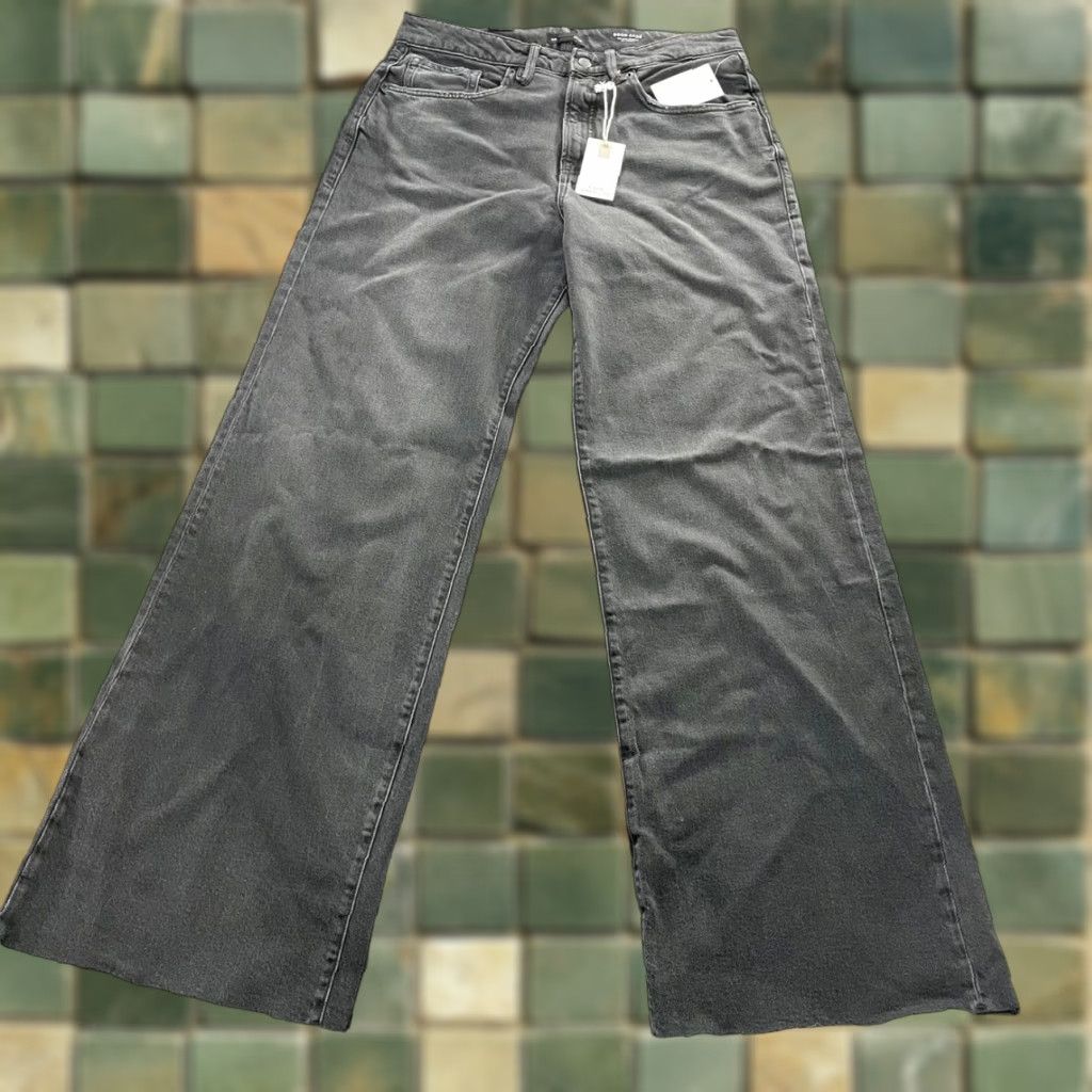 GOOD AMERICAN Good Ease Jeans Women's 8 Black Wide-Leg Denim Cotton Blend Regular Adult Womens Jeans