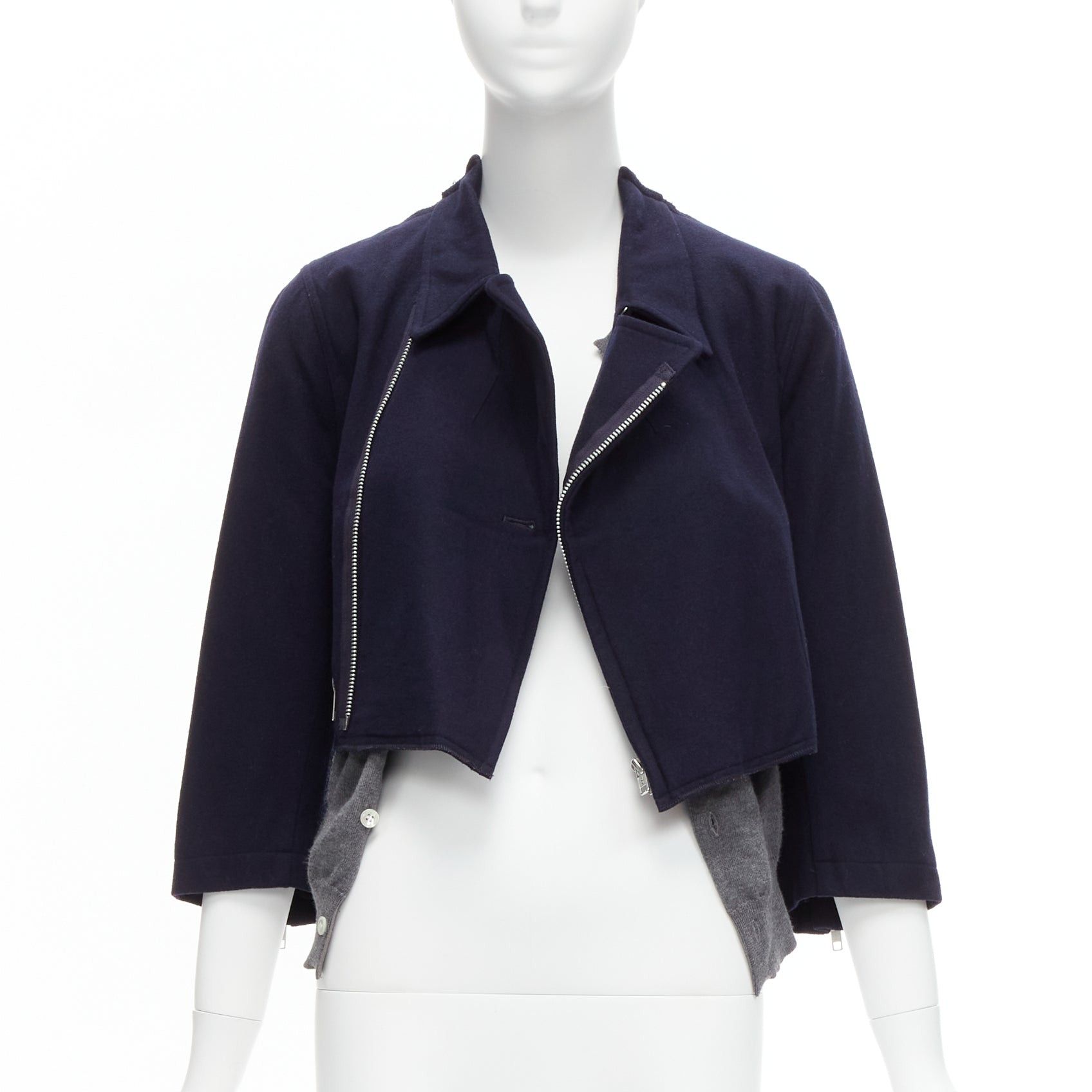 Comme des Garcons COMME DES GARCONS 100% wool navy grey deconstructed hybrid biker cropped cardigan S Size S / US 4 / IT 40 - 1 Thumbnail