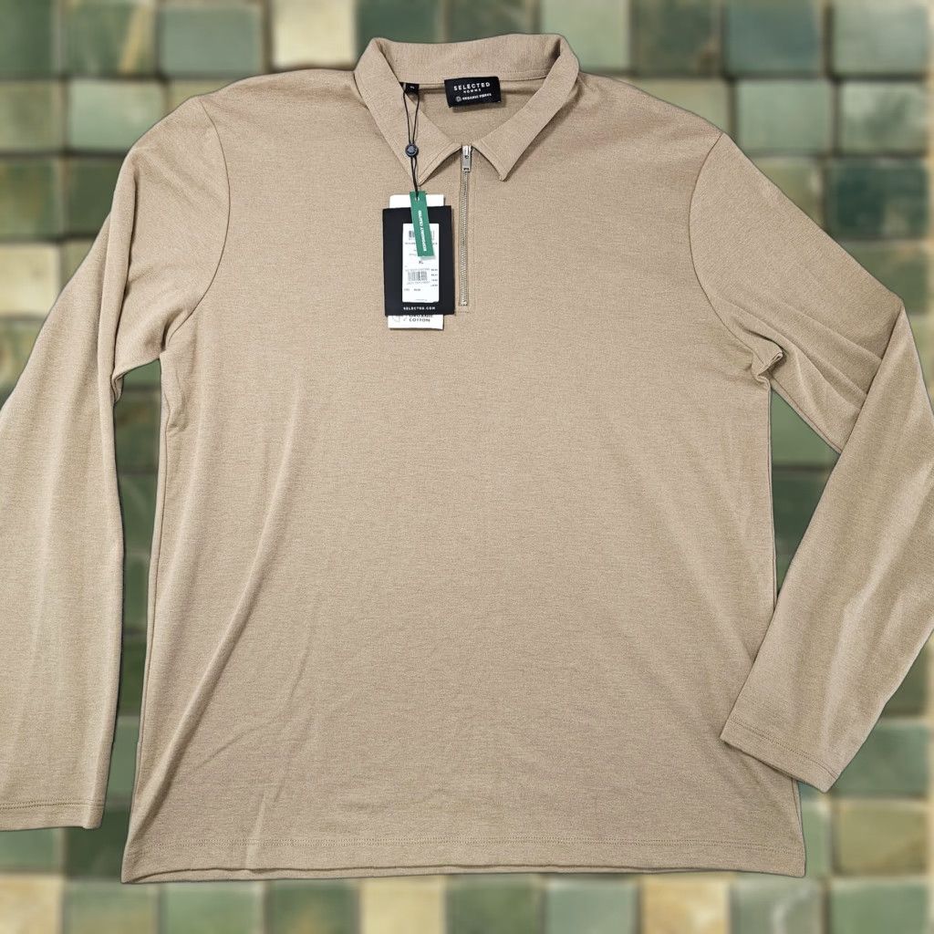 Selected Homme Selected Homme Polo Shirt Mens XL Brown Long Sleeve Mason Zip Organic Cotton Size US XL / EU 56 / 4 - 1 Thumbnail
