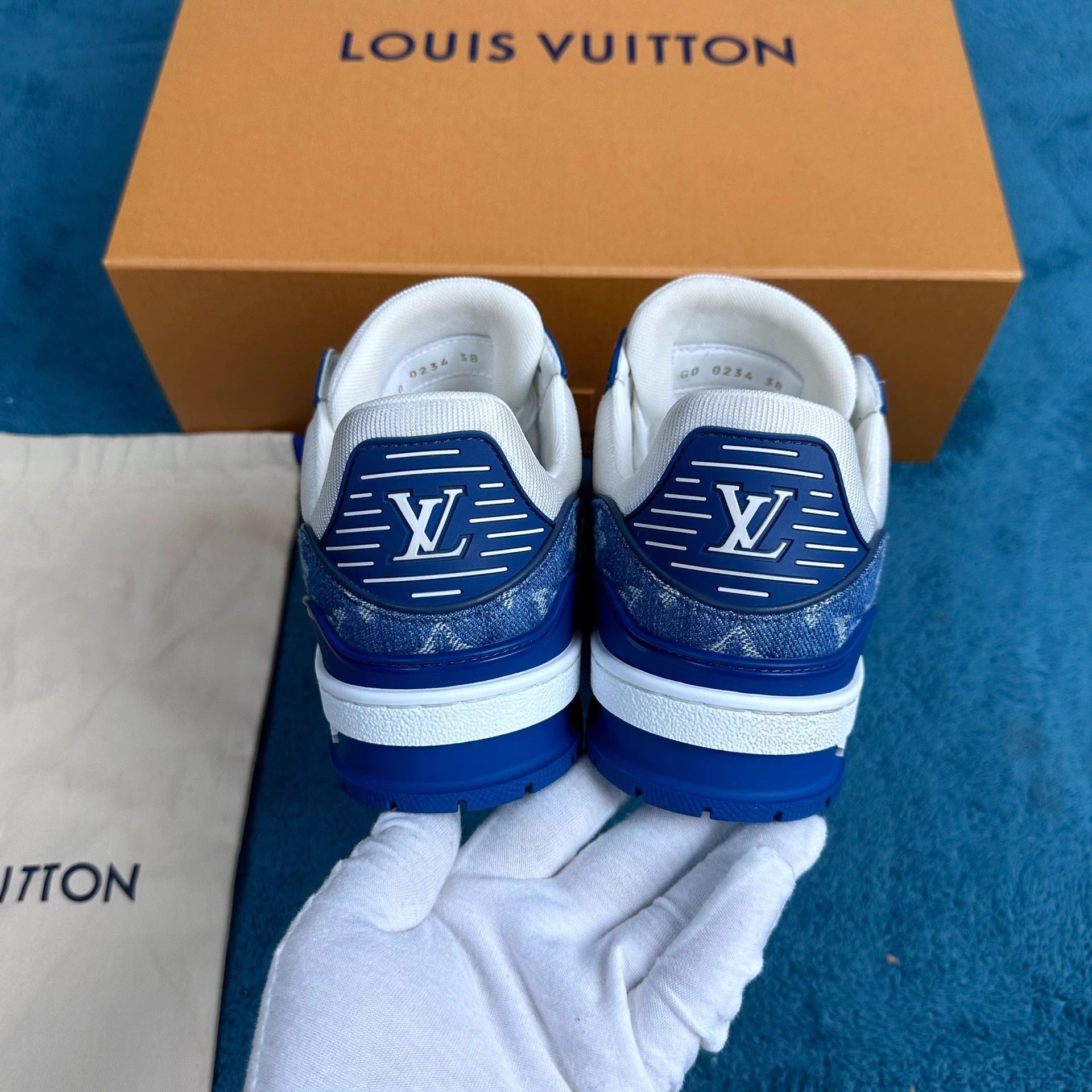 Louis Vuitton LV Trainer White Blue All Over Print Denim Size US 7 / IT 37 - 4 Thumbnail
