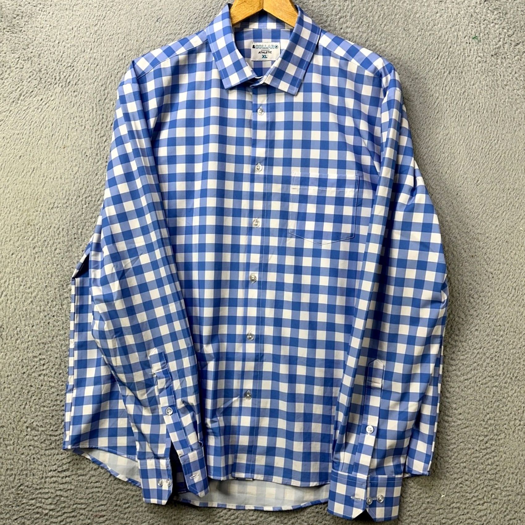 Vintage VINTAGE? No, not vintage. Collaro Athletic Shirt Men XL Blue Check Gingham Short Sleeve Button-Up Casual Sports Preppy Menswear 52 in Chest 29 in Size 46R - 2 Thumbnail