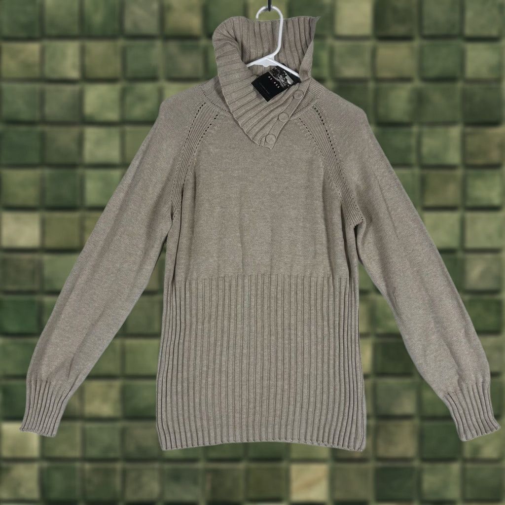 Liz Claiborne Axcess Womens XL Beige Knit Sweater Asymmetrical Button Collar Mock Ribbed Detail Knit Pullover Casual Business Travel Mens Womens Size XL / US 12-14 / IT 48-50 - 1 Thumbnail