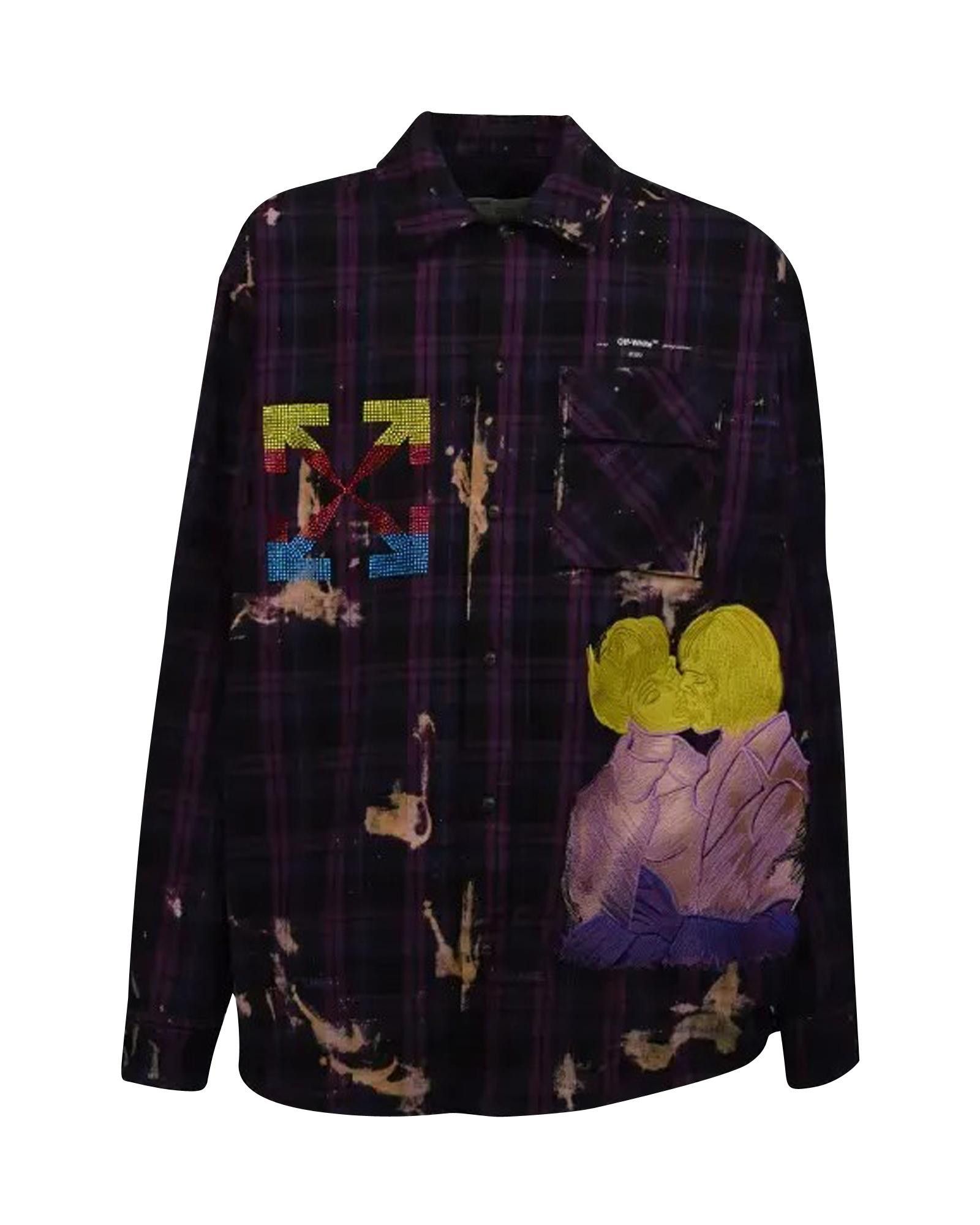 image of Off White Embroidered Oversized Checkered Shirt, Men's (Size Medium)