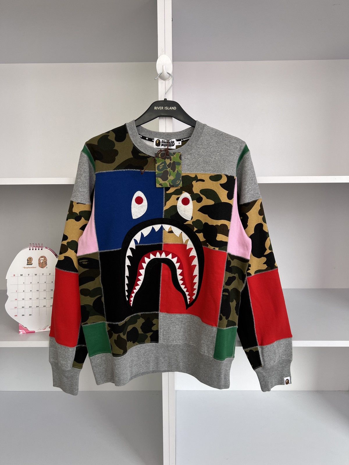 Bape A BATHING APE PATCHWORK SHARK WIDE CREW SWEATSHIRT | Grailed