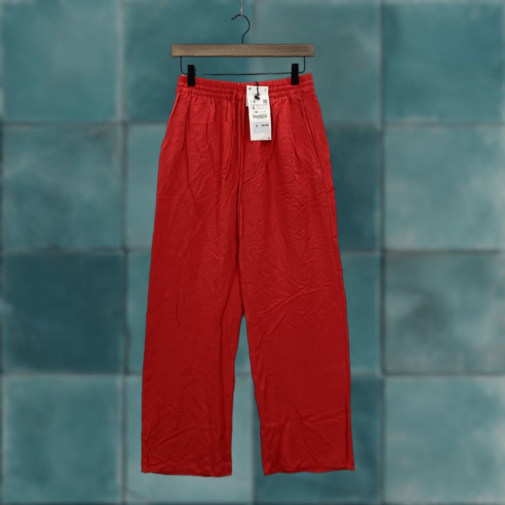 Zara ZARA Pants Womens Small Red Wide-Leg Elastic Waist Tencel Lyocell Pockets Dress Pants Mens? Womens Size 28" / US 6 / IT 42 - 1 Thumbnail