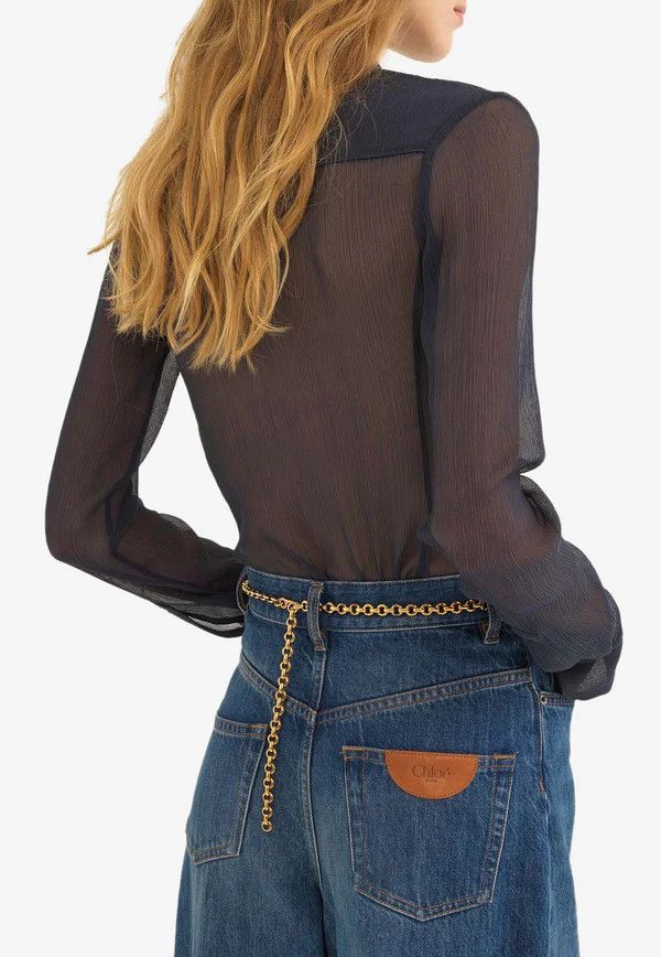 Chloe o1loc1c11025 Silk Slim-Fit Collarless Blouse in Navy Size L / US 10 / IT 46 - 4 Thumbnail