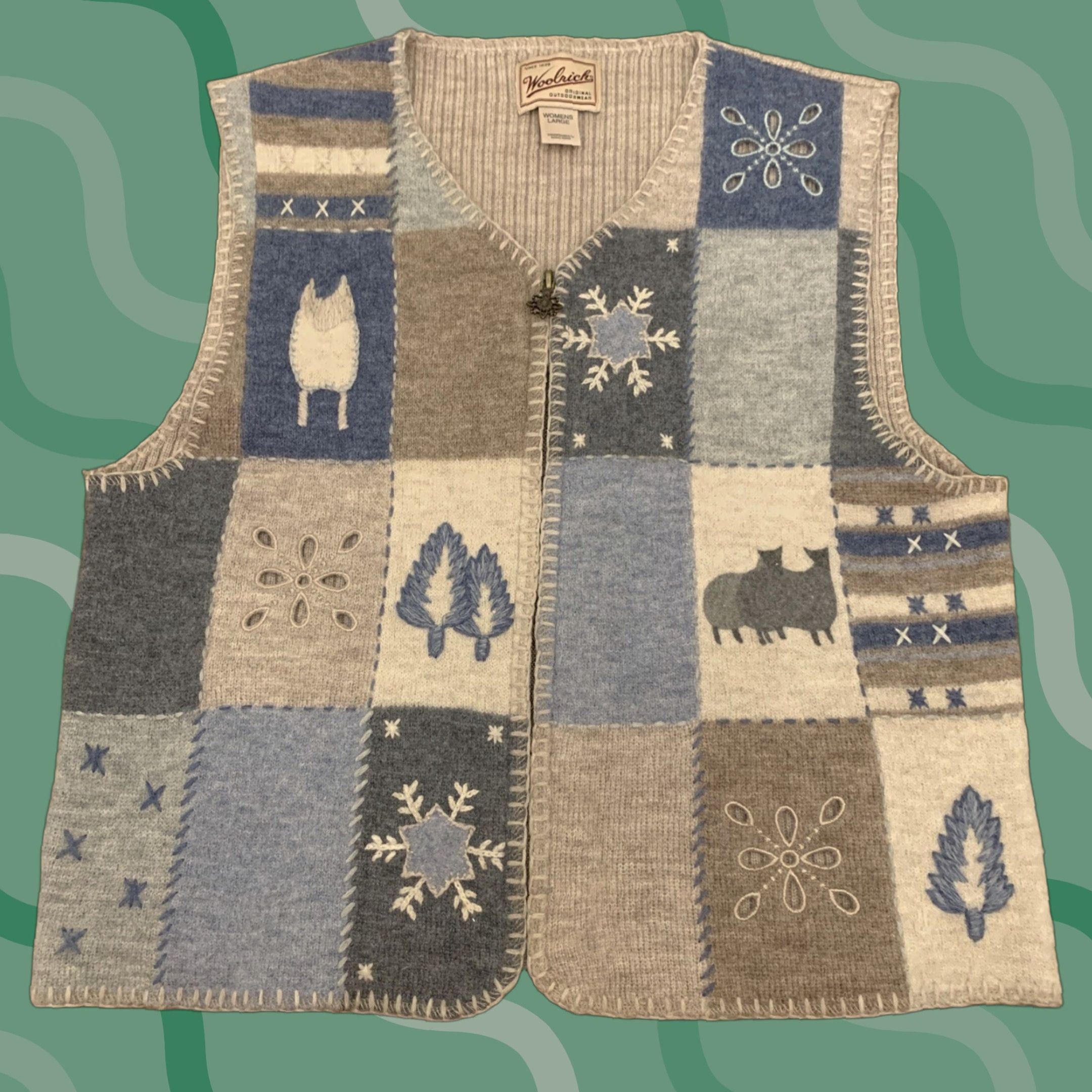Vintage Woolrich Sweater Vest Womens Size L Blue Gray Wool Winter Snowflake Print V-Neck Geometric Tweed Embroidered Buttons Womens Size L / US 10 / IT 46 - 1 Thumbnail