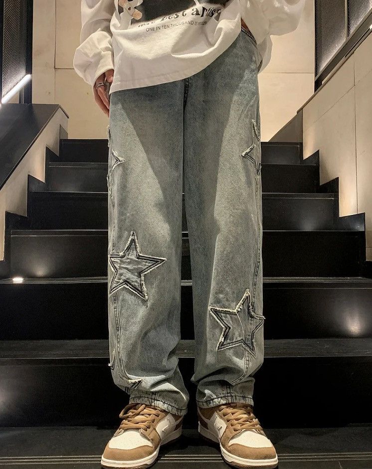 image of Distressed Denim Star Embroidery Denim Pant in Blue, Men's (Size 29)