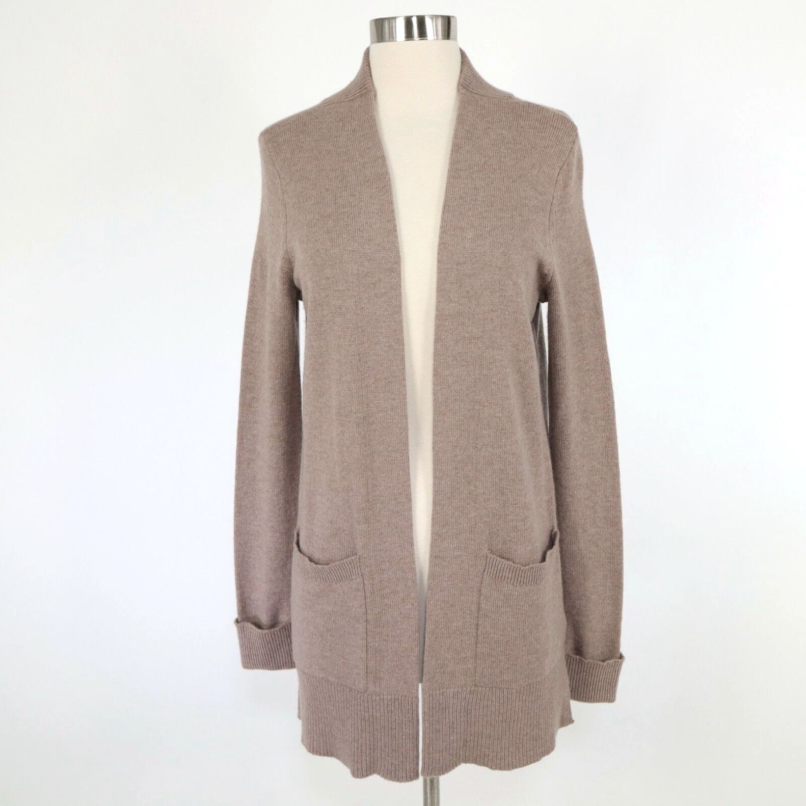 image of Rachel Zoe Cardigan Sweater Wool S Small Taupe Long Open Front Pockets Knit in White, Women's