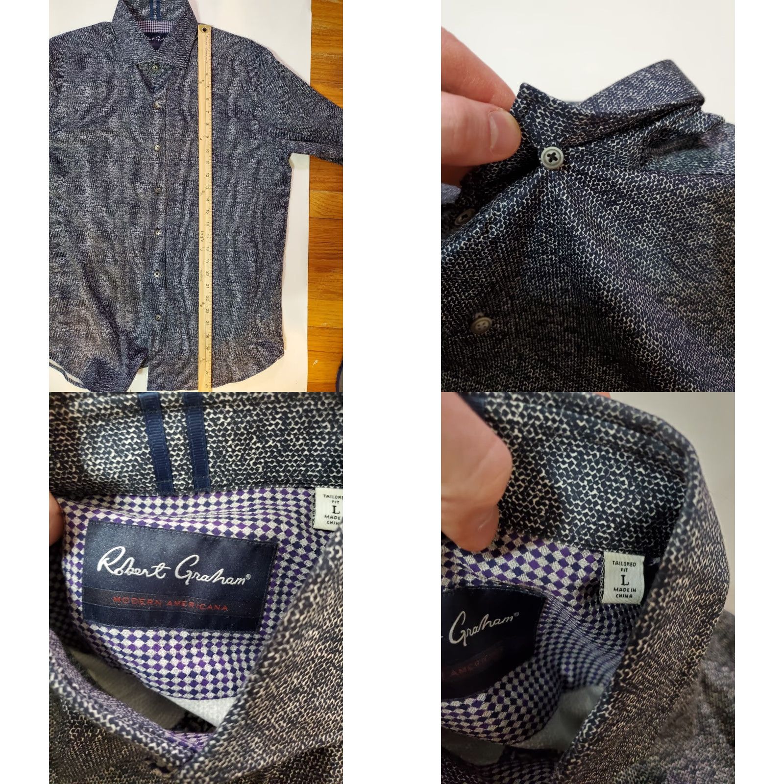 Robert Graham Robert Graham Shirt Men's Large Modern Americana Tailored Fit Cotton Spandex Button-Up Blue Stone Wash Slim Fit Regular Size L Adults Mens Size US L / EU 52-54 / 3 - 8 Thumbnail