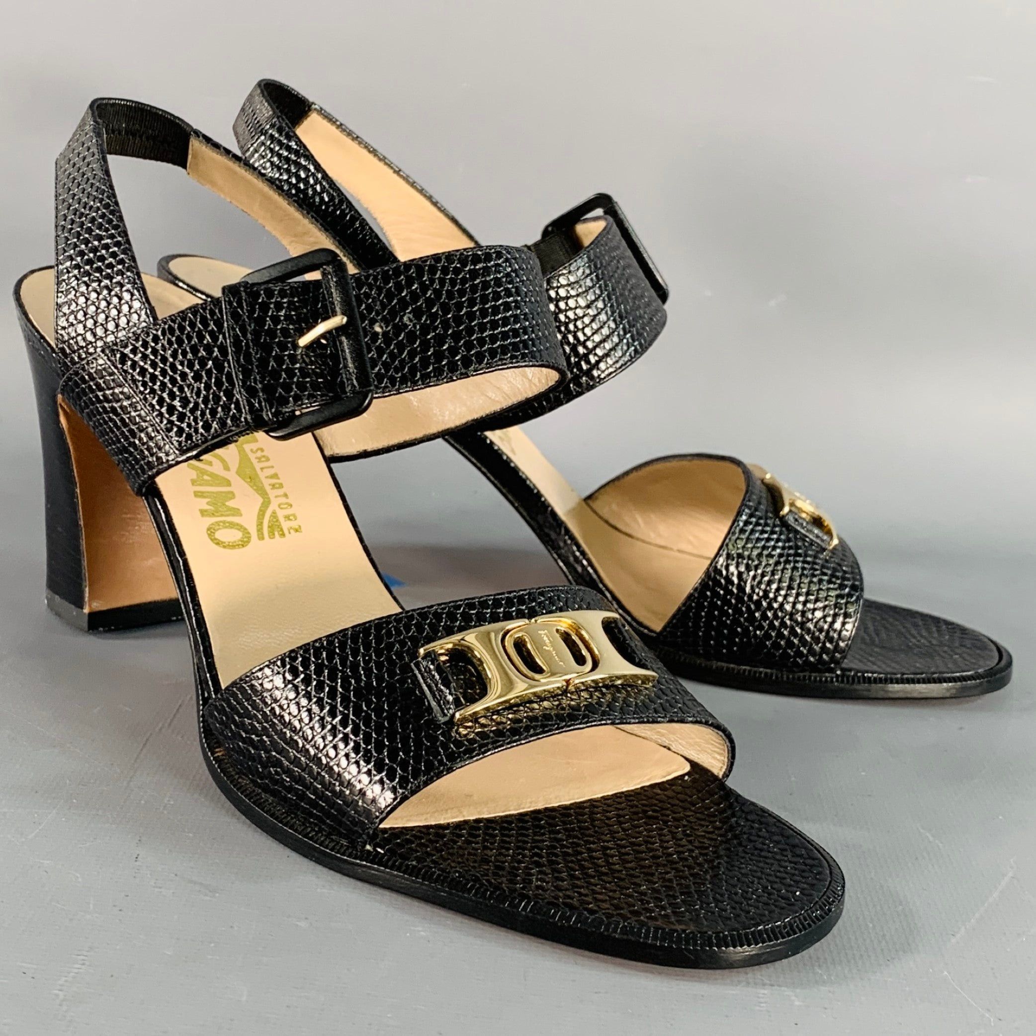 Salvatore Ferragamo 9 Black Gold Snake Embossed Chunky Heel Shoes Slingback Sandals, Women's
