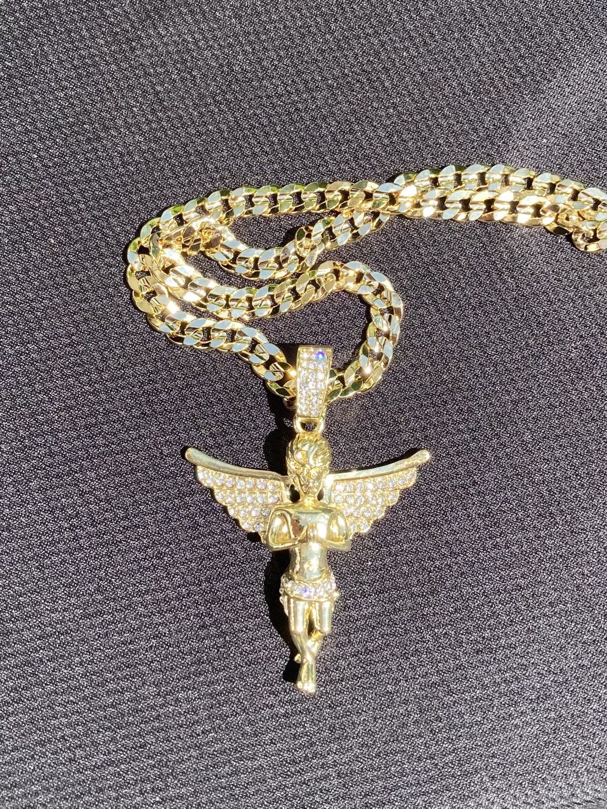 Jewelry Gold Chain Cuban Curb Necklace 24in 7mm and Icy Angel Charm Size ONE SIZE - 1 Thumbnail