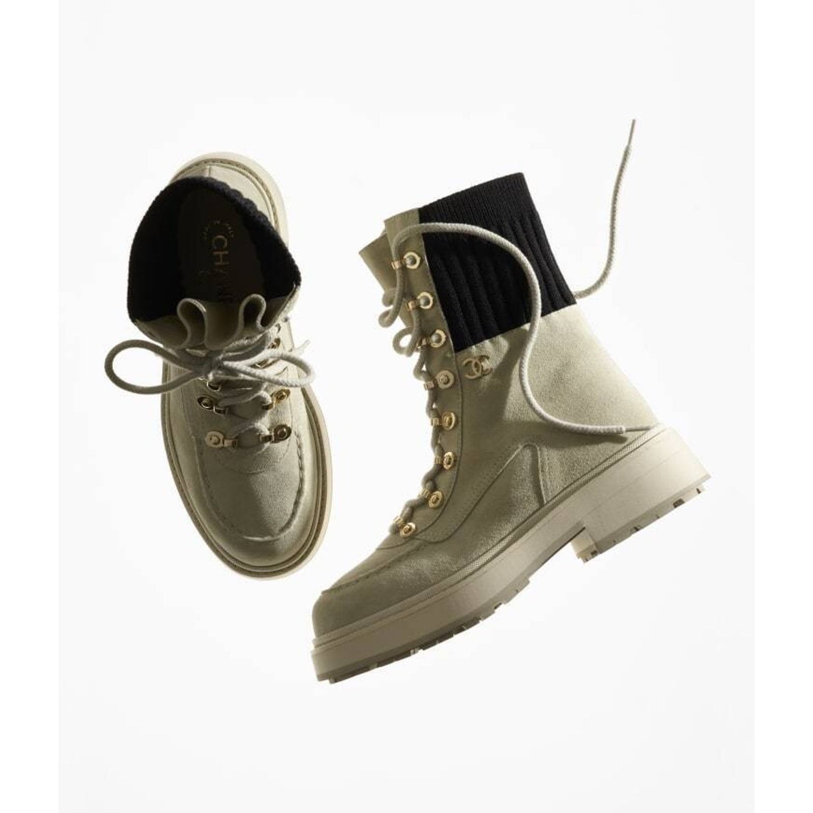 Chanel Chanel 21K Ivory Suede Black CC Platform Combat Lace Up Size US 7 / IT 37 - 3 Thumbnail