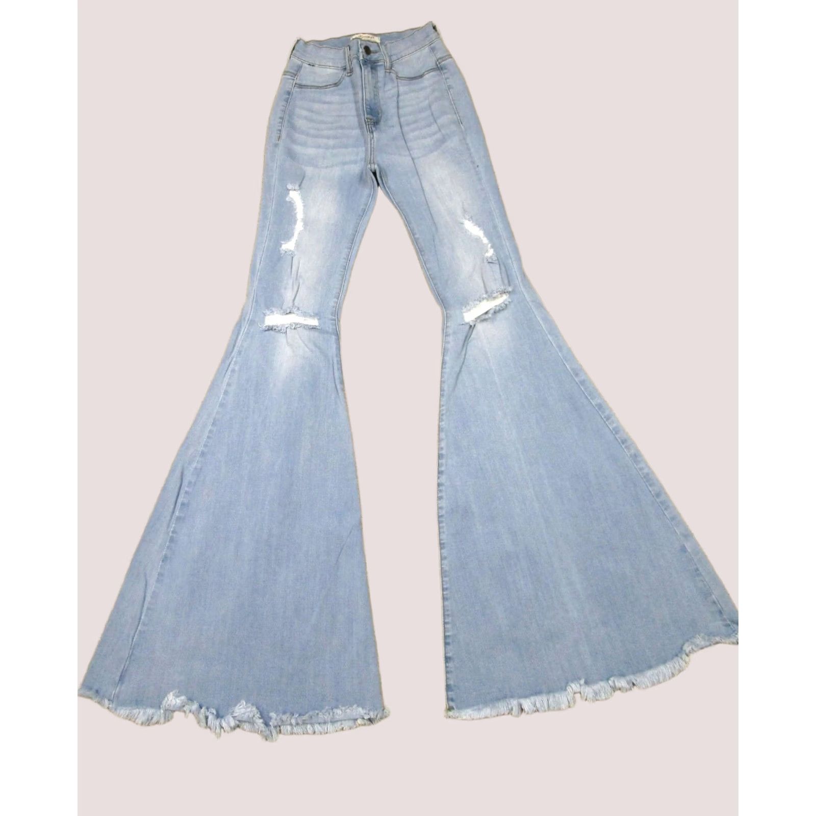 Vintage Vibrant Jeans Women 26 Blue High Rise Flared Bell Bottom Distressed 5-Pocket Denim Cotton Spandex Logo Swirl Sunrise 90s Womens Size 26" / US 2 / IT 38 - 1 Thumbnail