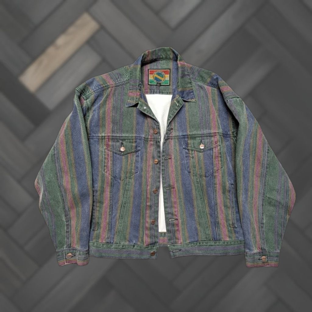 Denime VINTAGE Structure denim striped trucker jacket 1990s blue green Mens S denim jacket, striped, trucker, vintage, 1990s, Structure Mens S Size US 29 - 1 Thumbnail