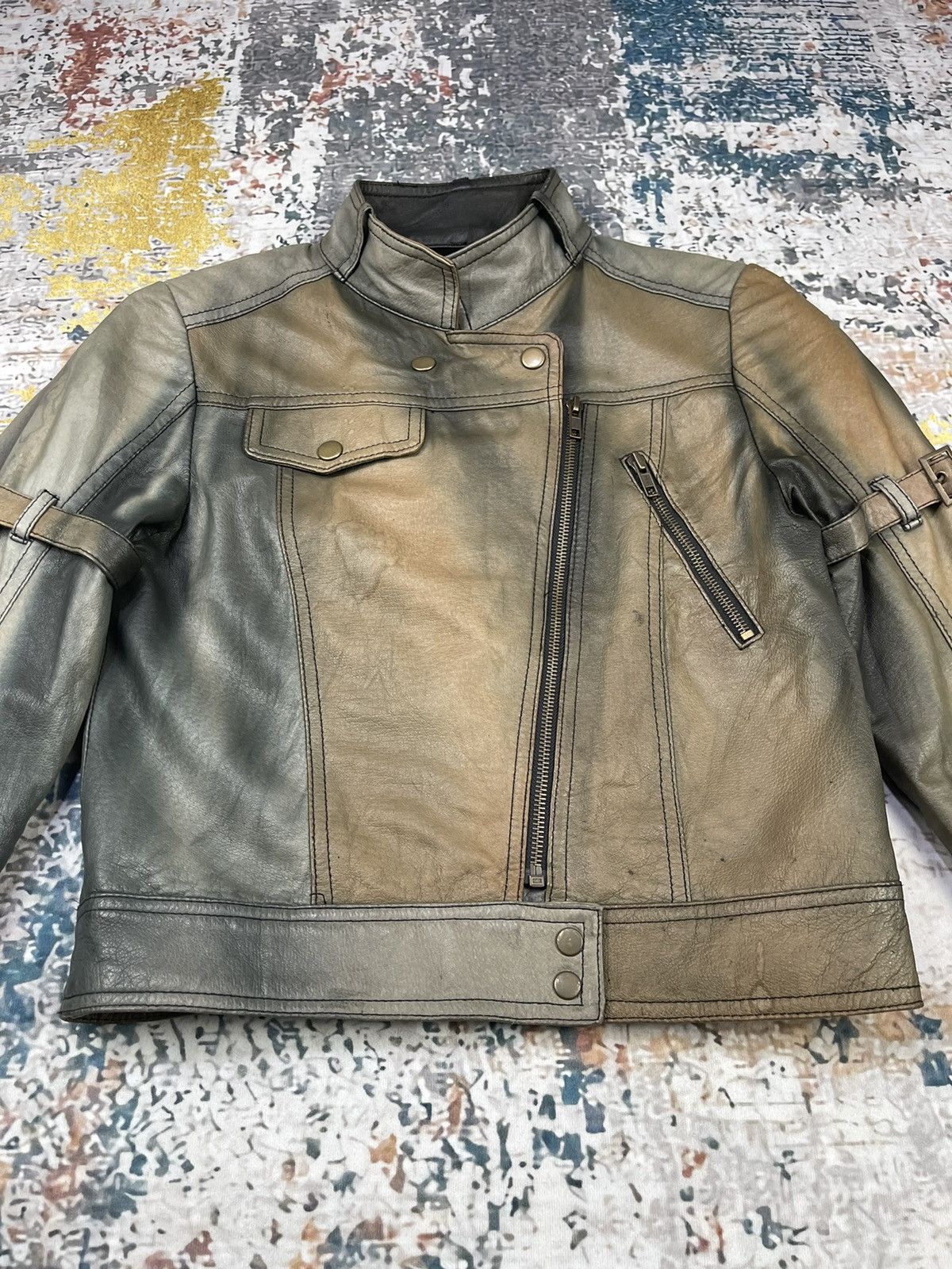 Hypebeast DUDE Cropped Multi Tone Distressed Leather Jacket Size S / US 4 / IT 40 - 4 Thumbnail