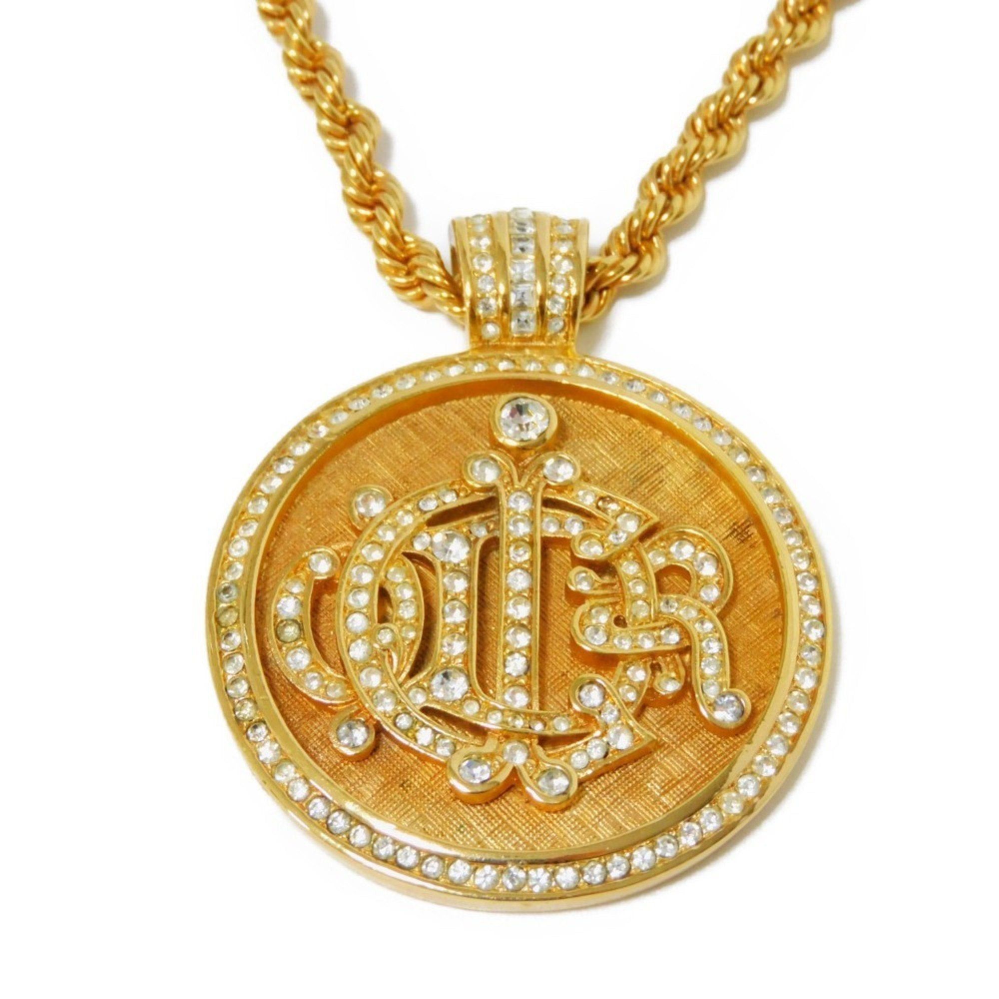 image of Christian Dior Dior Necklace Round Crystal Emblem Pendant Rhinestone Long Rope Chain Clear Men's Wo