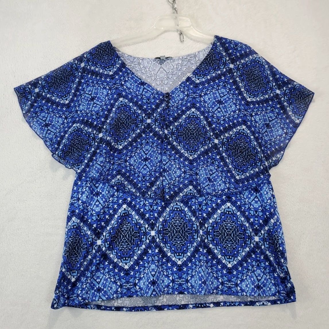 Vintage Notations Layered Flutter Sleeve Blue Geometric Print Blouse Womens XL Size XL / US 12-14 / IT 48-50 - 3 Thumbnail