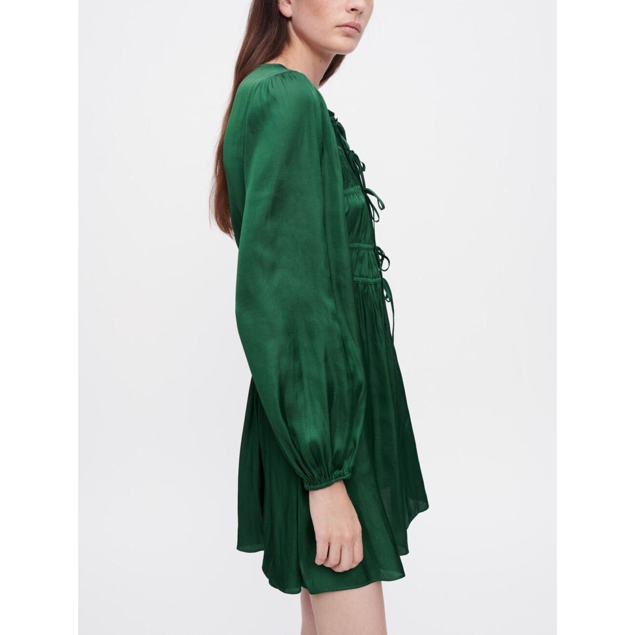 Maje Maje Green Shirred Satin Holiday Mini Dress 36/4 US $375 Size S / US 4 / IT 40 - 3 Thumbnail