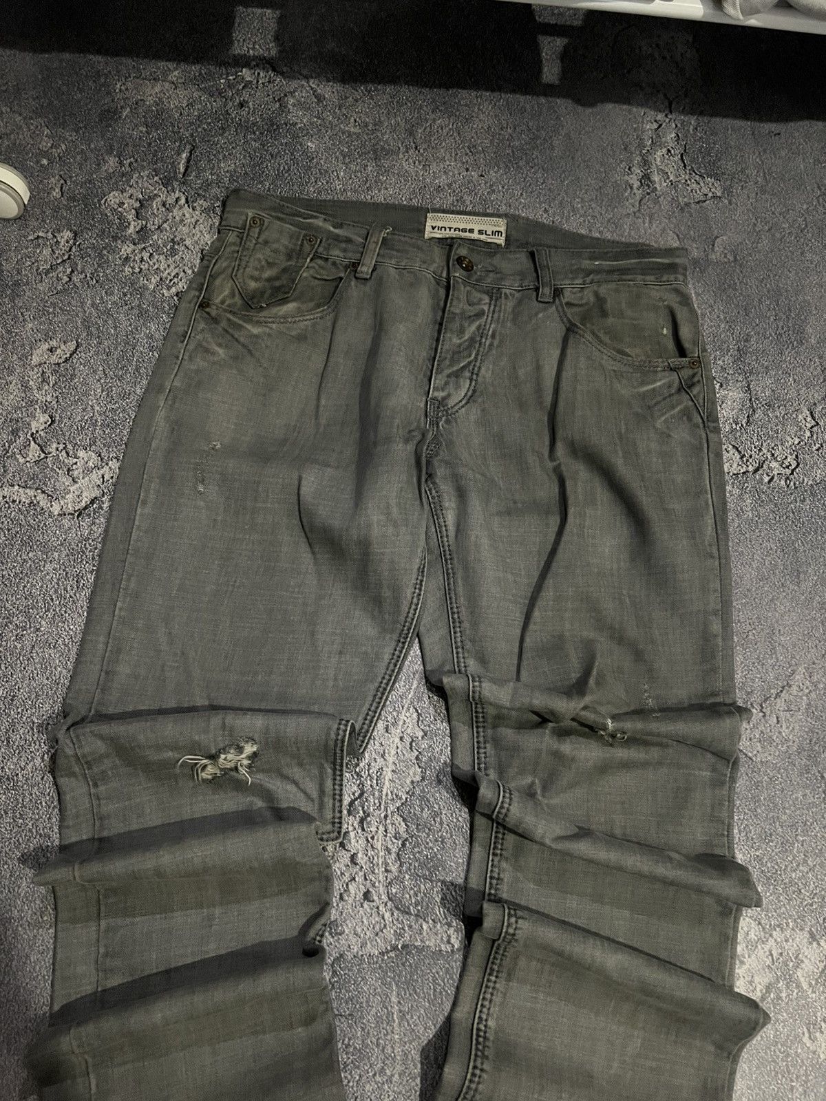 Vintage Streetwear Grunge Y2K Gray Slim Jeans — Balenciaga Style Size US 33 - 2 Thumbnail