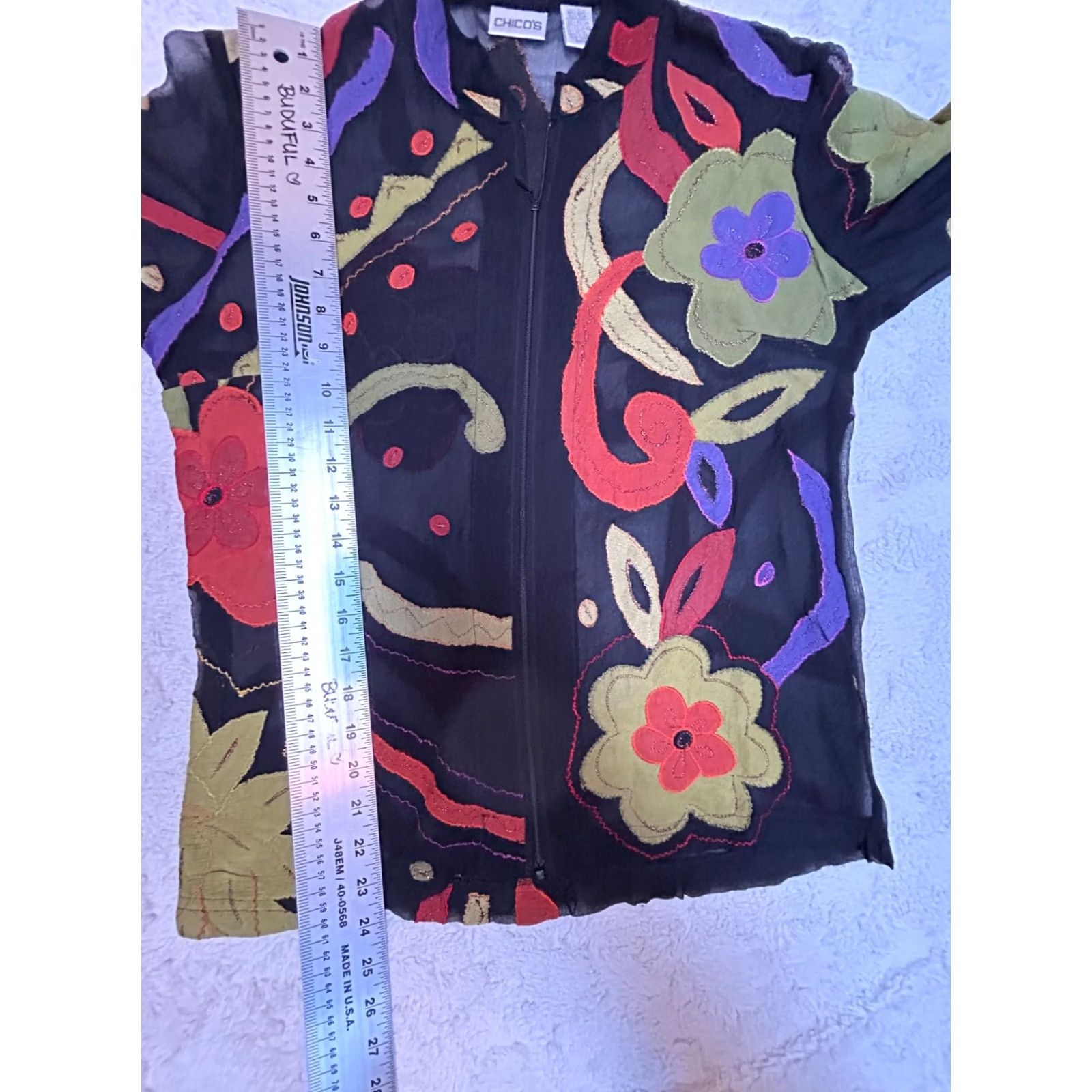 Vintage Chico's Women's Full Zip Jacket Silk Applique Wearable Art Lightweight Short Sleeve? Size S / US 4 / IT 40 - 8 Thumbnail