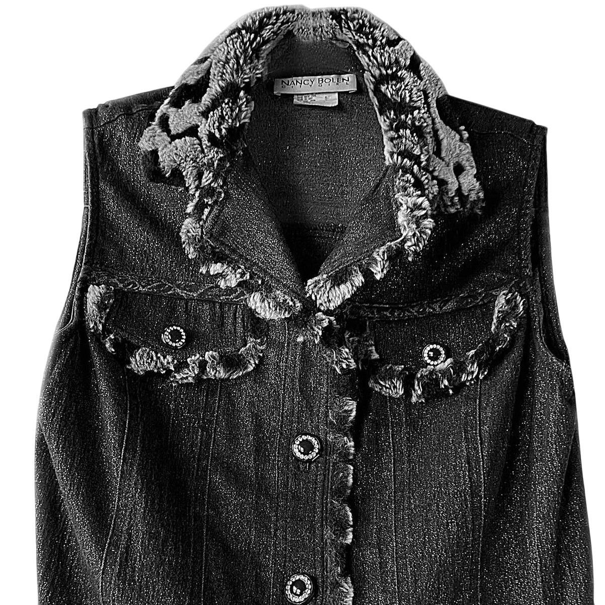 Other Vintage Nancy Bolen Faux Fur Embellished Black Denim Vest Size S / US 4 / IT 40 - 3 Thumbnail