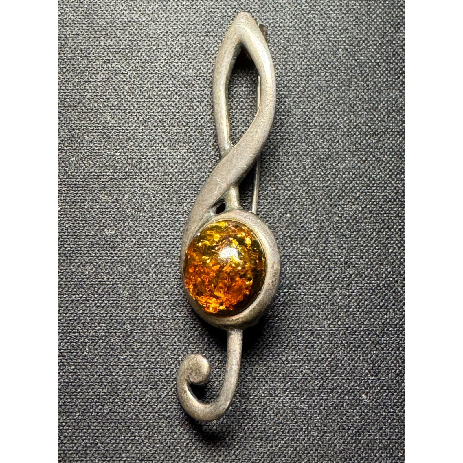 Other 925 Silver Amber Cabachon Treble Clef Brooch Size ONE SIZE - 2 Thumbnail