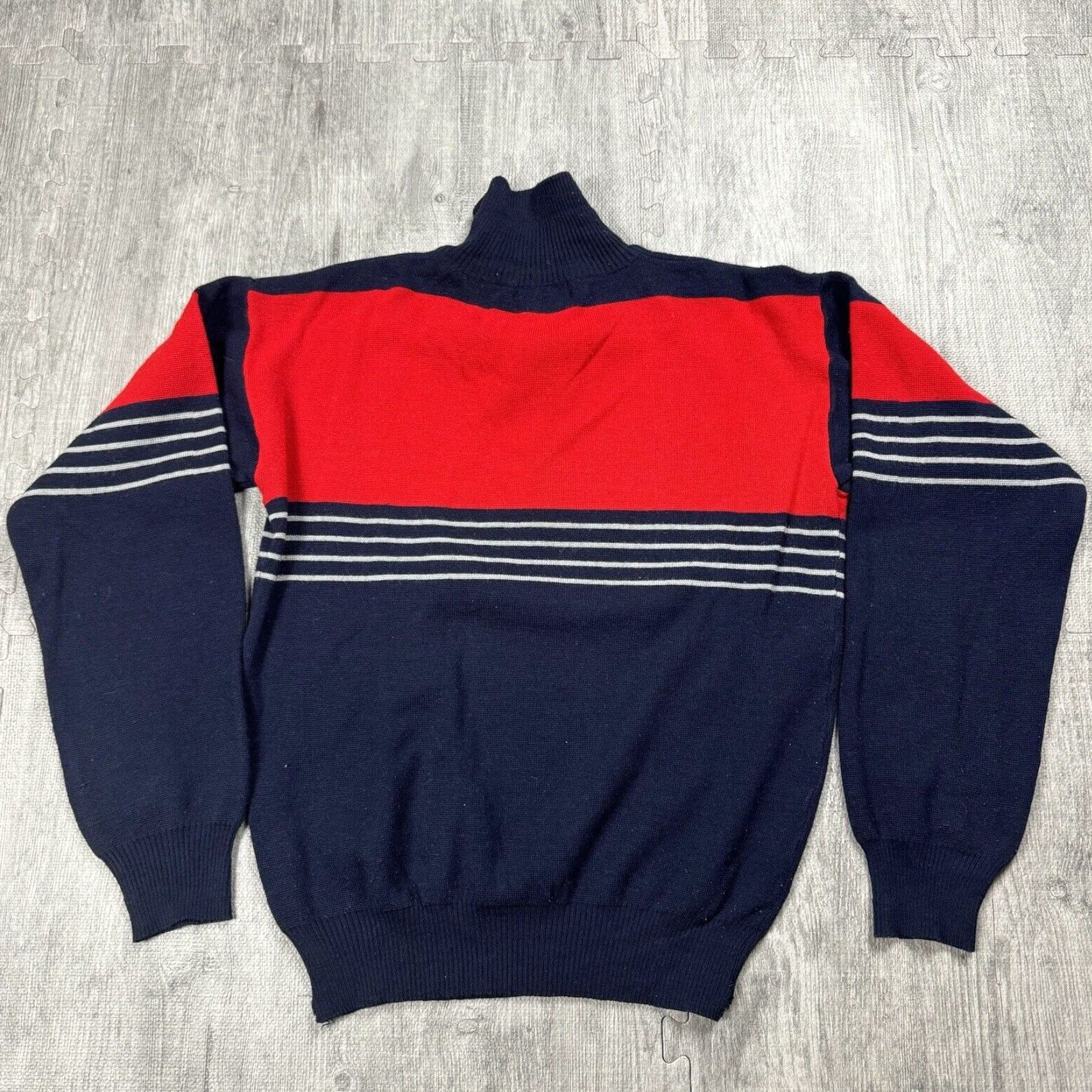 Vintage VTG Mount Cervin 1/4 Zip Mock Neck Ski Sweater Wool Blend Red Navy Grey XL Mens Vintage 80s Skiing Pattern Striped Military/Retro Knit 1/4 Zip Sweater Size US XL / EU 56 / 4 - 6 Thumbnail