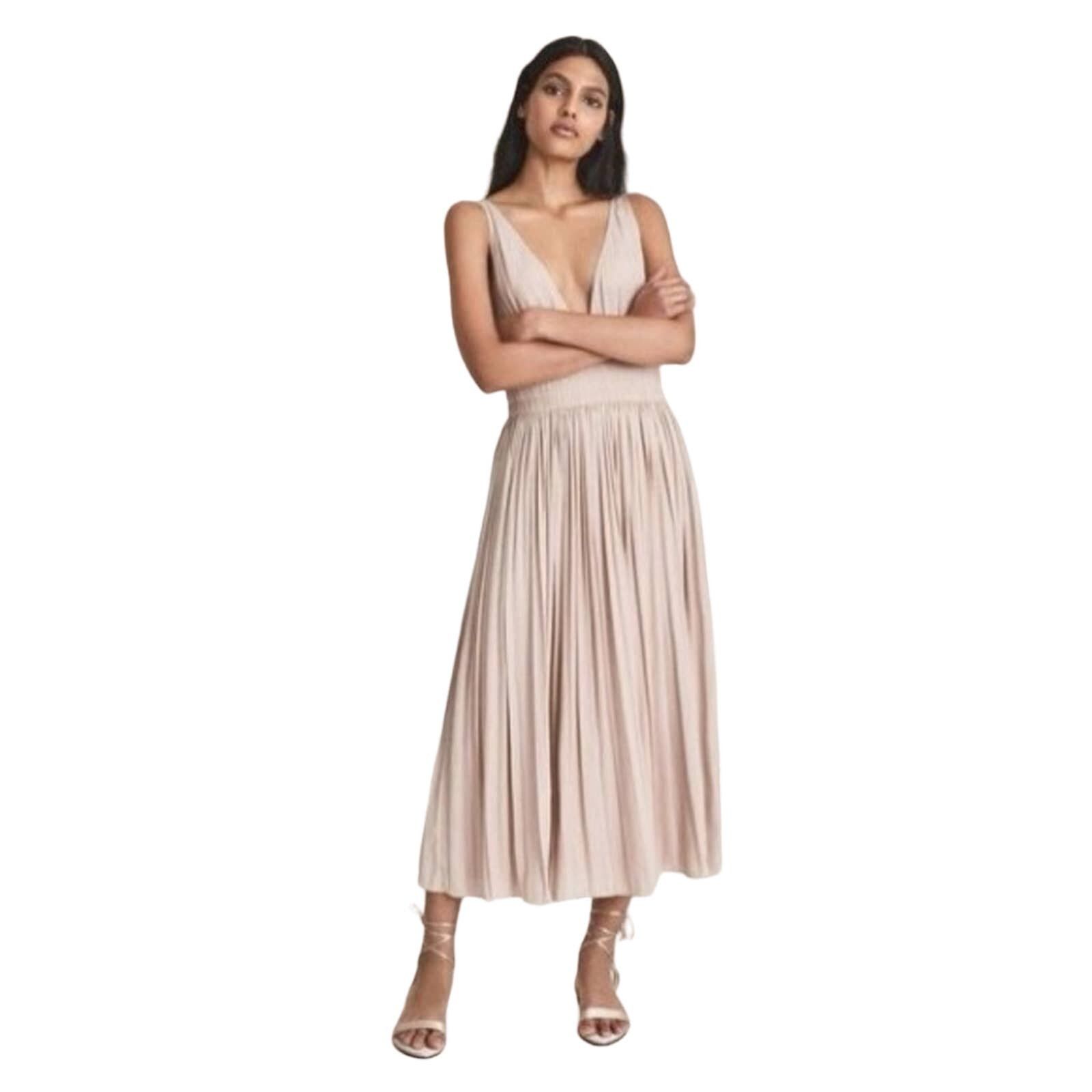 image of Reiss $495 Saffy Plunge Neckline Pleated Midi Dress NWT in Cream, Women's (Size Medium)