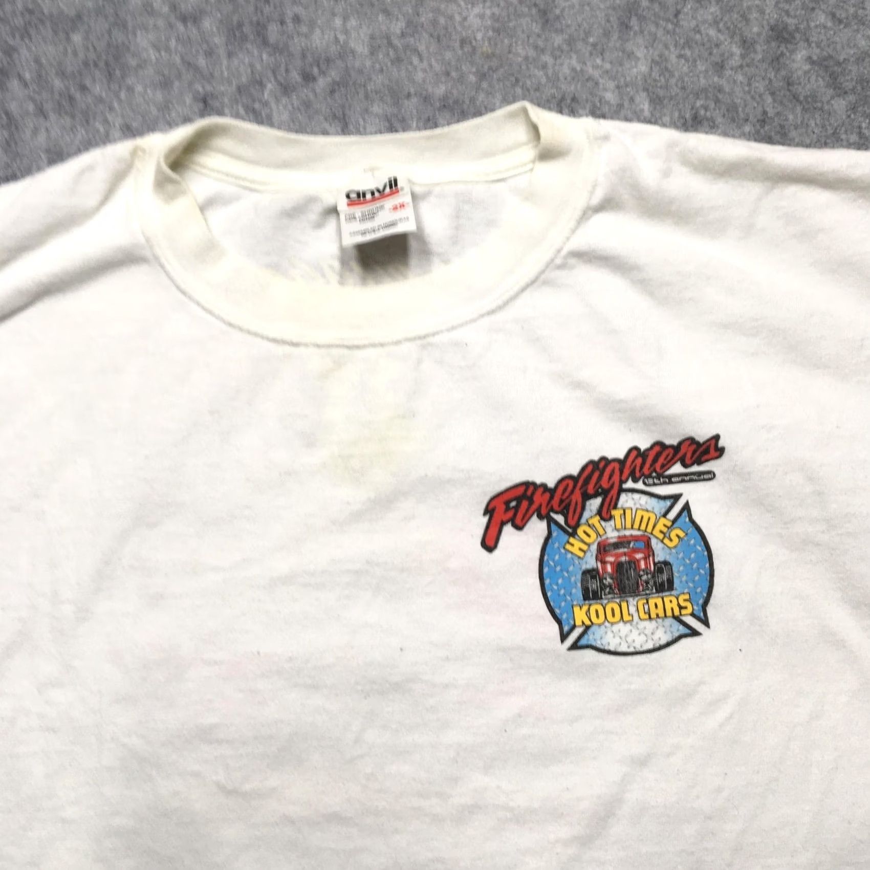 Anvil VINTAGE Firefighters Hot Times Kool Cars Shirt Mens 2XL White Car Show 90s Size US XXL / EU 58 / 5 - 3 Thumbnail