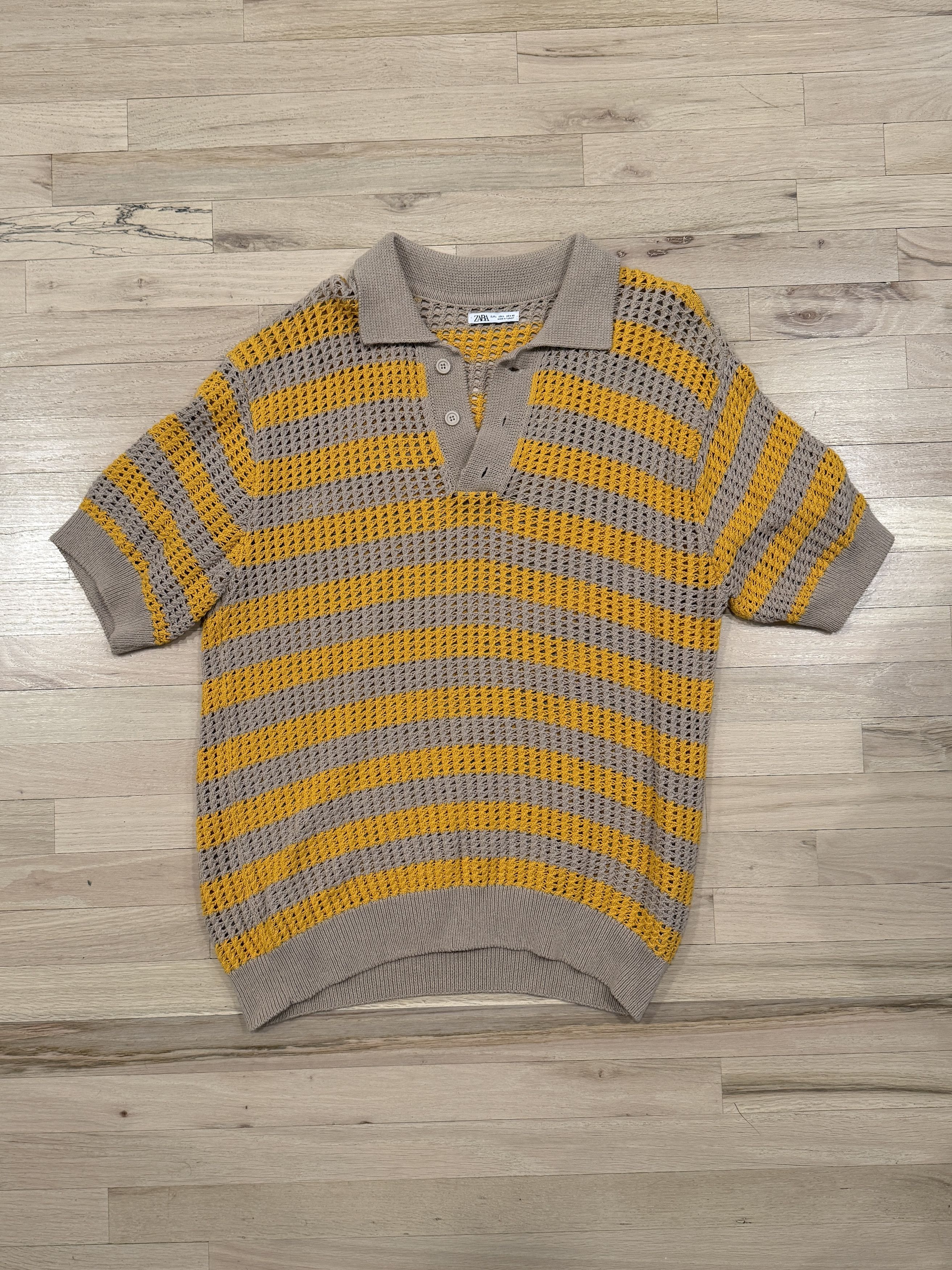 Zara Zara Open Knit Striped Cotton Polo (Beige/Yellow) Size US L / EU 52-54 / 3 - 1 Thumbnail