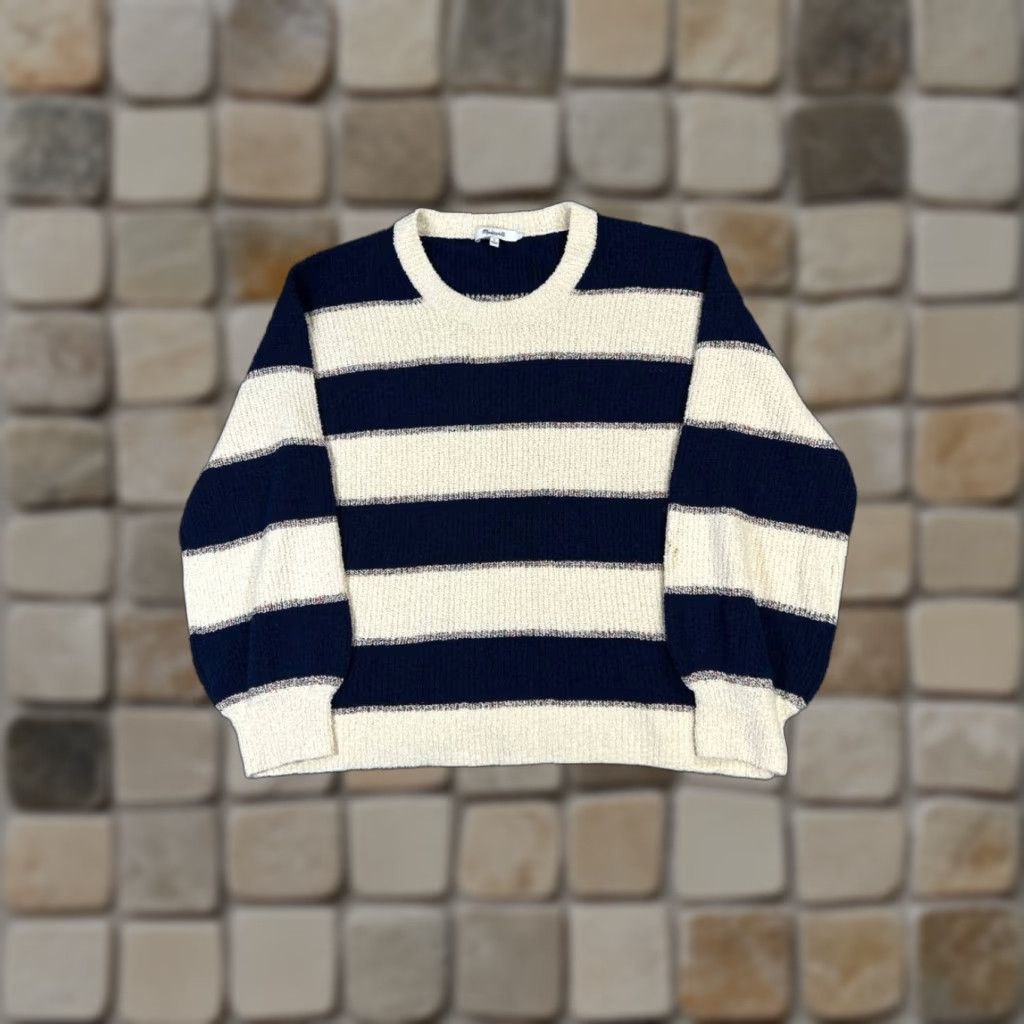Madewell Madewell Sweater Womens Large Blue Beige Striped Cotton Knit Pullover Casual Size L / US 10 / IT 46 - 1 Thumbnail