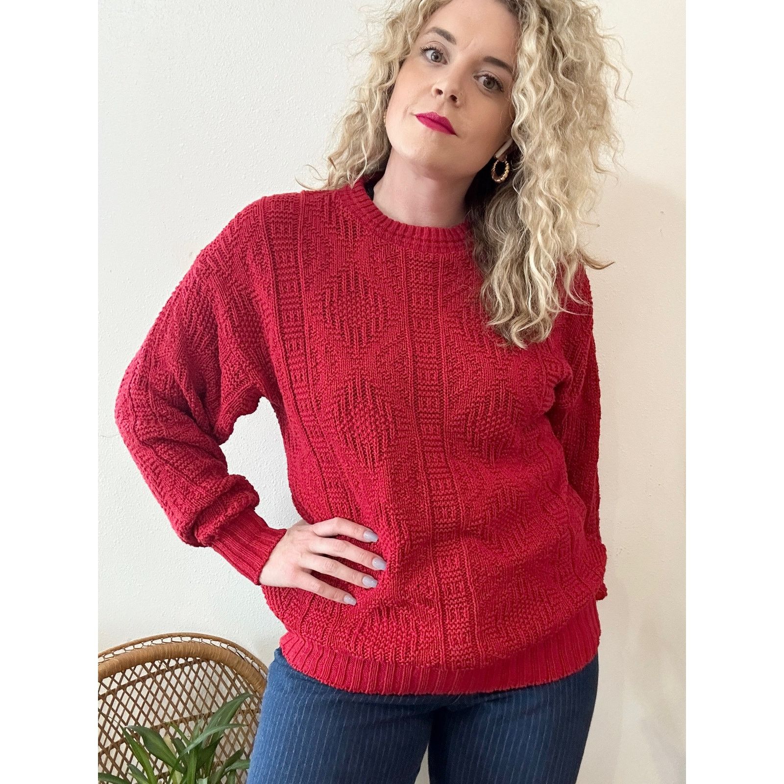 Vintage 80’s Red Cotton Cable Knit Sweater size Medium Size US M / EU 48-50 / 2 - 2 Thumbnail