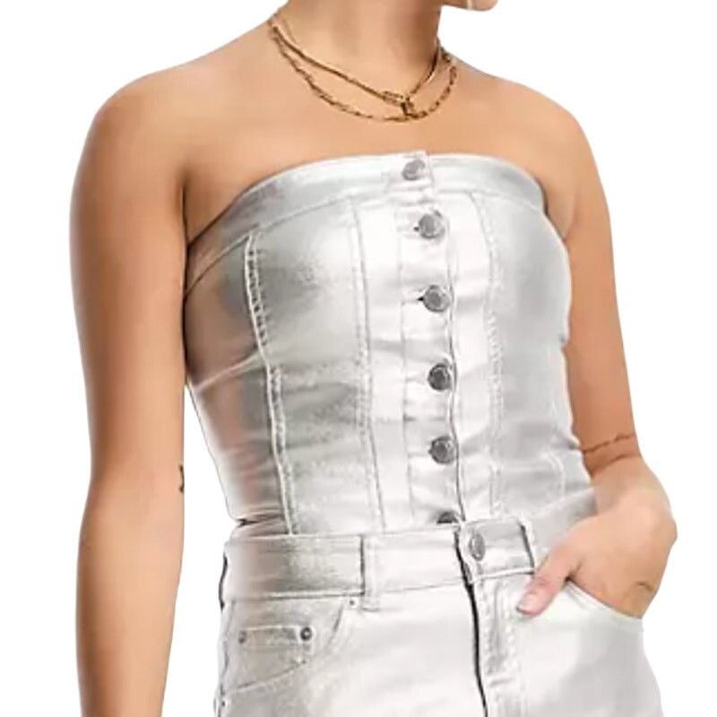 Pull & Bear Pull&Bear Metallic Denim Corset Top in Silver, Size S Size S / US 4 / IT 40 - 1 Thumbnail