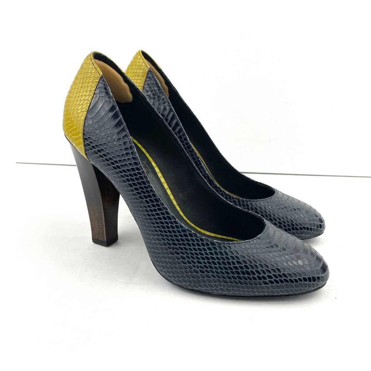 7 For All Mankind Wooden Heels Pumps Blue Yellow Snake Style 10 Leather Size US 9 / IT 39 - 13 Thumbnail
