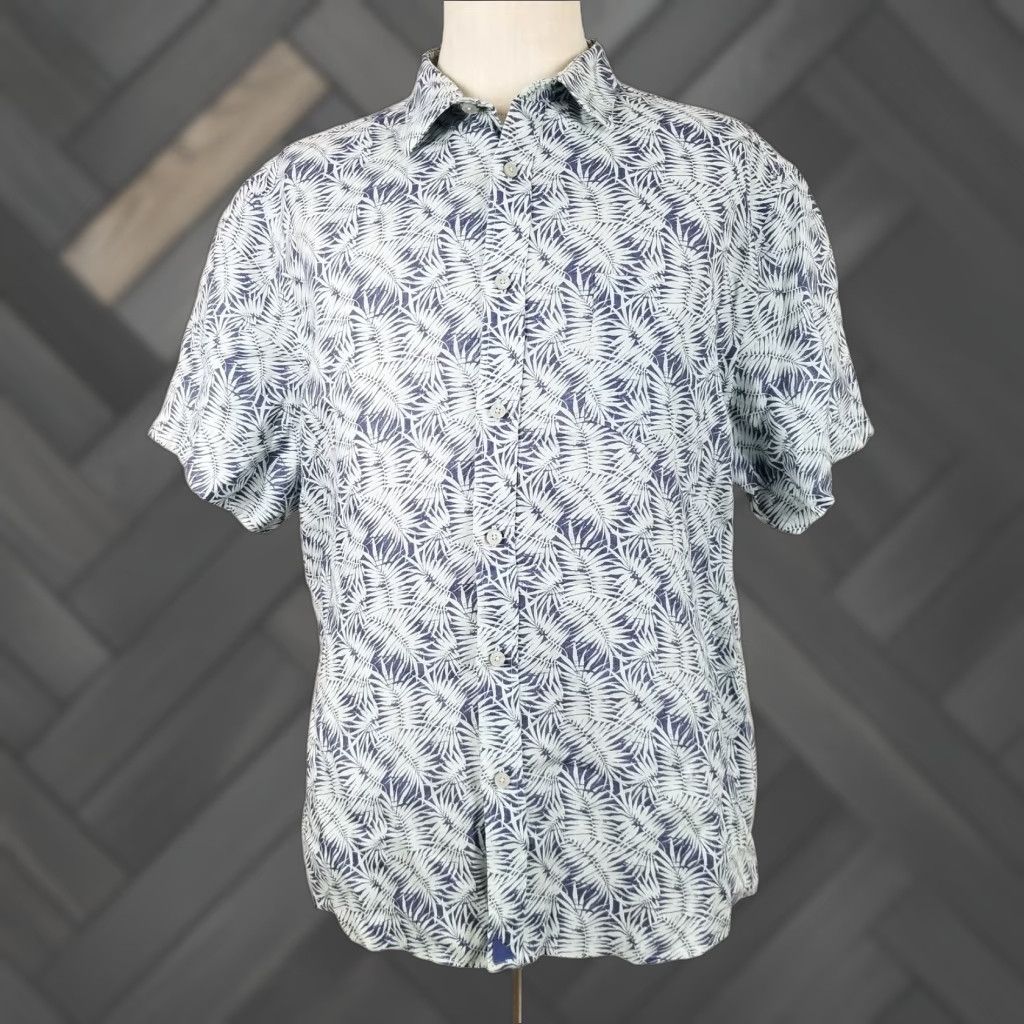 VINTAGE UNTUCKit Shirt Mens XL Navy Linen Palm Leaf Print Short Sleeve Button Up 2023 Summer Tropical
