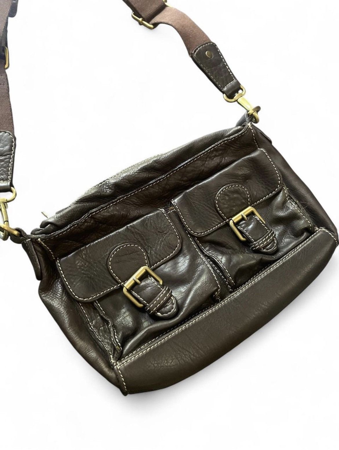 Vintage Brown leather shoulder bag w 2 compartment adjustable straps Size ONE SIZE - 1 Thumbnail