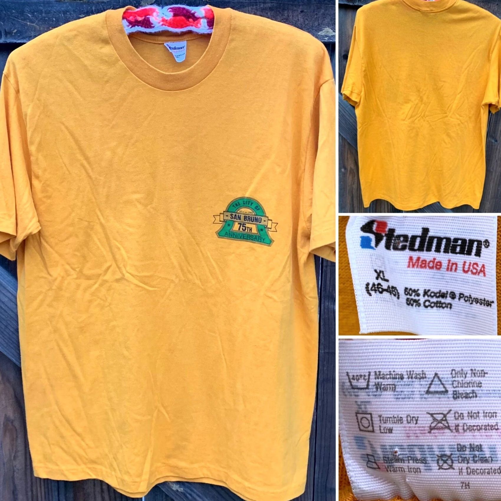 Vintage VINTAGE The City of San Bruno 75th Anniversary 1914 1989 t-shirt XL Yellow Mens Graphic Tee 1980s USA Stedman Size US XL / EU 56 / 4 - 5 Thumbnail