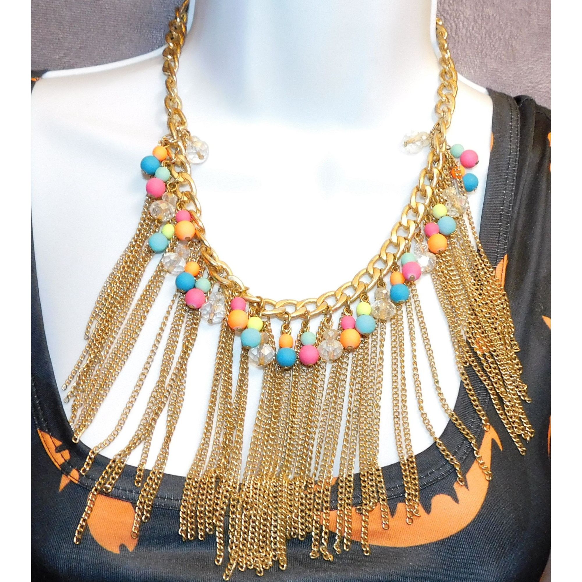 Other Neon 80s Beaded Gold Tone Chain Fringe Necklace Size ONE SIZE - 7 Thumbnail