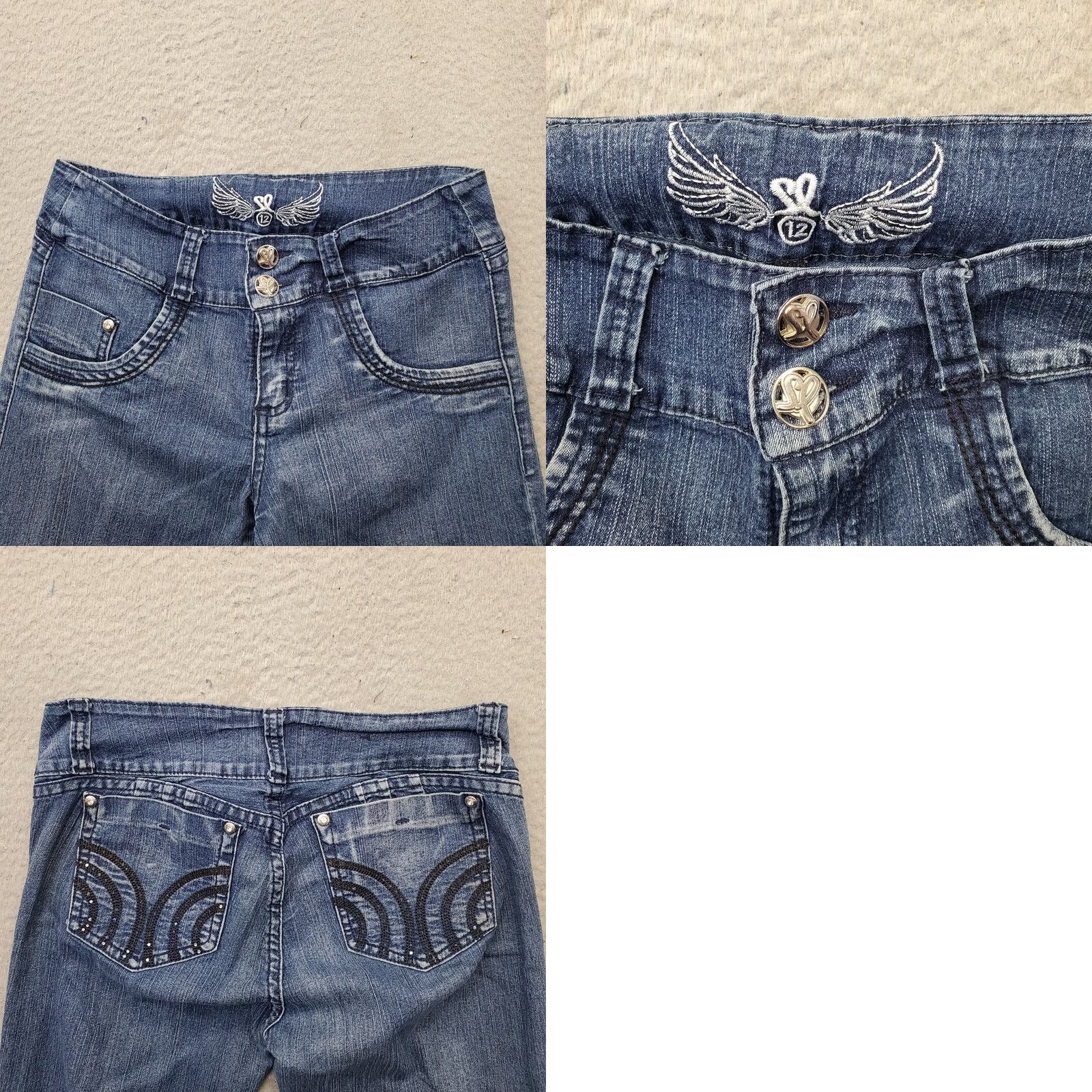 Denime SL Bootcut Jeans Women 12 Blue Denim 2 Button Fly Rhinestone Pocket Stitch 5-Pocket Womens Size 12 Size 34" / US 12 / IT 48 - 8 Thumbnail