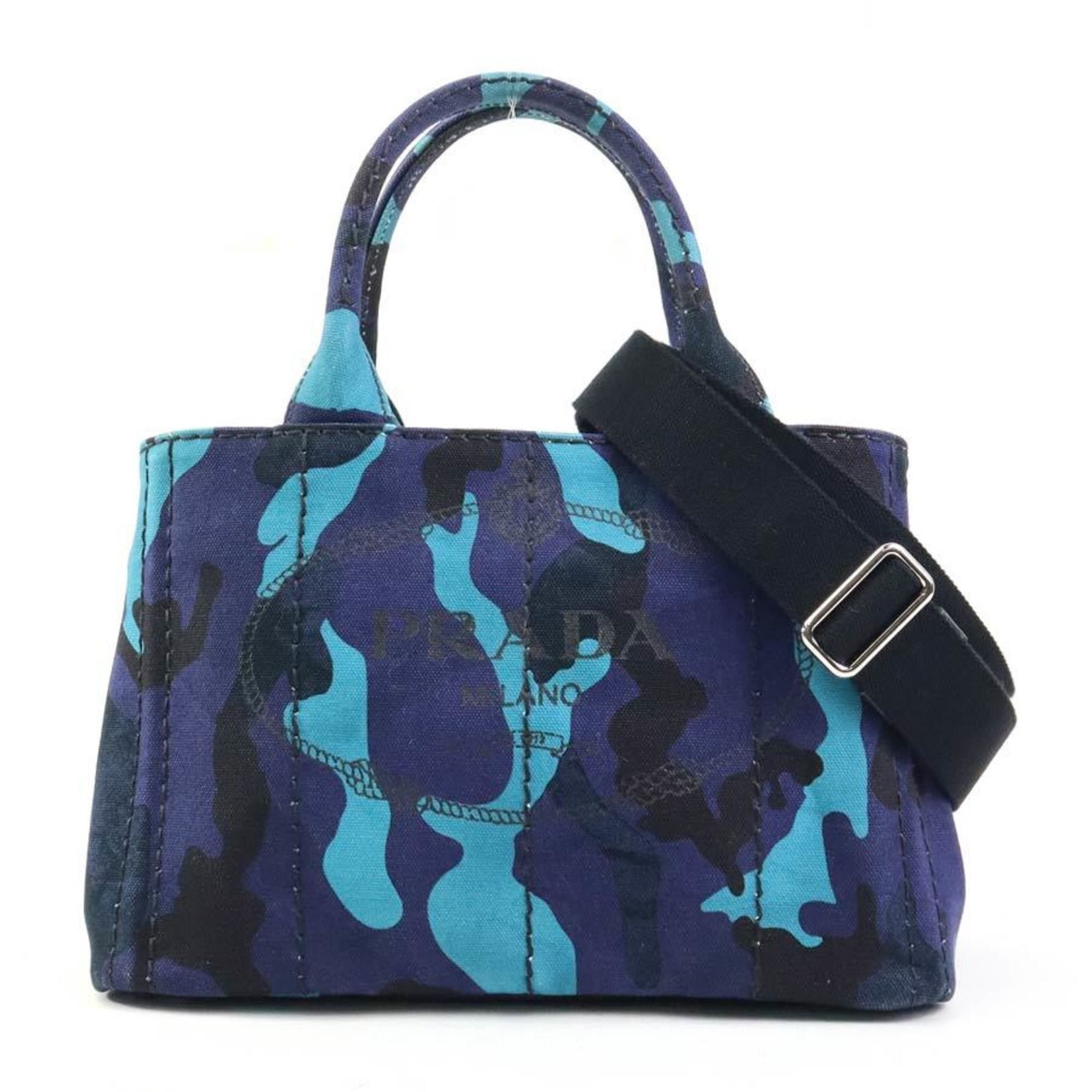 Prada Handbag Shoulder Bag Canapa Canvas Navy Blue Black Ladies E60360A, Women's