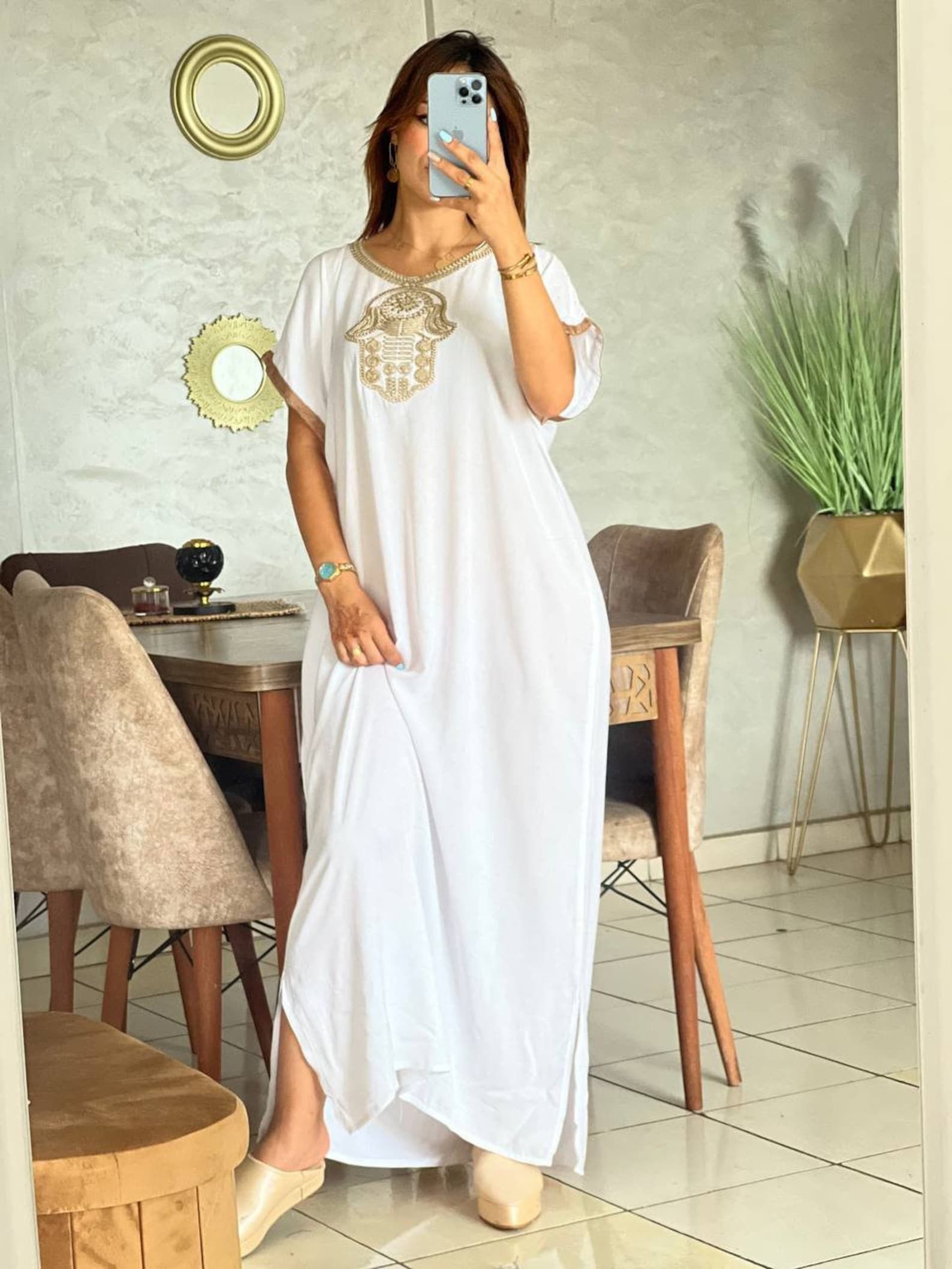 Designer × Handmade White Moroccan Kaftan Djellaba Size ONE SIZE - 2 Thumbnail