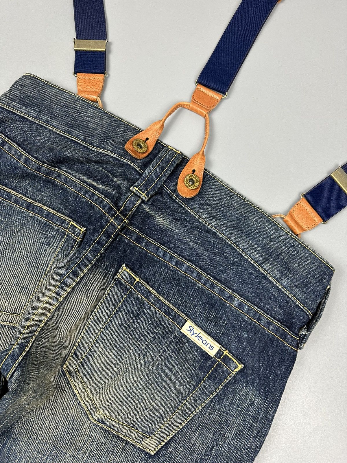 If Six Was Nine × Le Grande Bleu (L.G.B.) 🔥Flared🔥 SLY Glamour Jeans With Suspenders Leather Denim Size US 32 / EU 48 - 8 Thumbnail