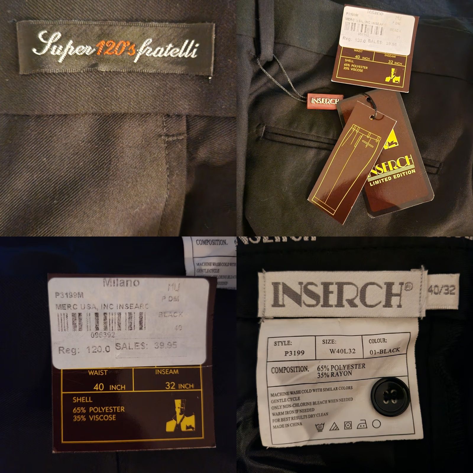 Vintage Inserch Super 120s Fratelli Pants Black 40x32 Slacks Mens Size US 40 / EU 56 - 9 Thumbnail